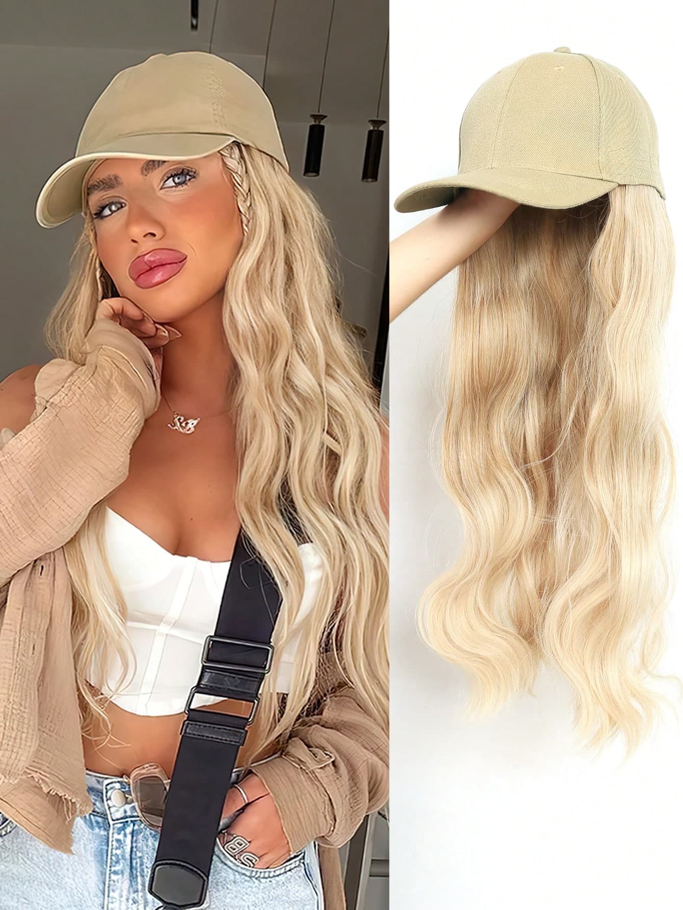Baseball Cap With Hair Extension Long Curly Hair Synthetic Wig Hat With Hair Body Wave Synthetic Wig With Adjustable Cap For Women Girl Hat Wigs, 24 Inch, Beige Cap+Black Hair