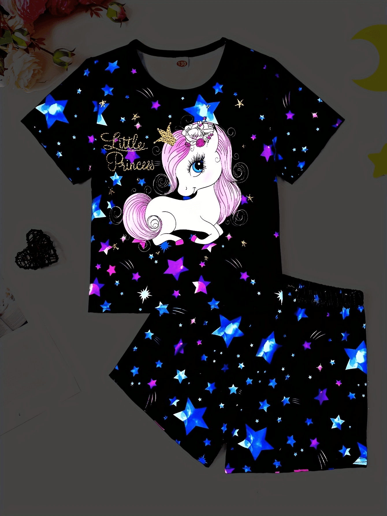 Tween Girls Glow-In-The-Dark Cartoon Unicorn & Star Print Short Sleeve Top And Shorts Casual Summer Set