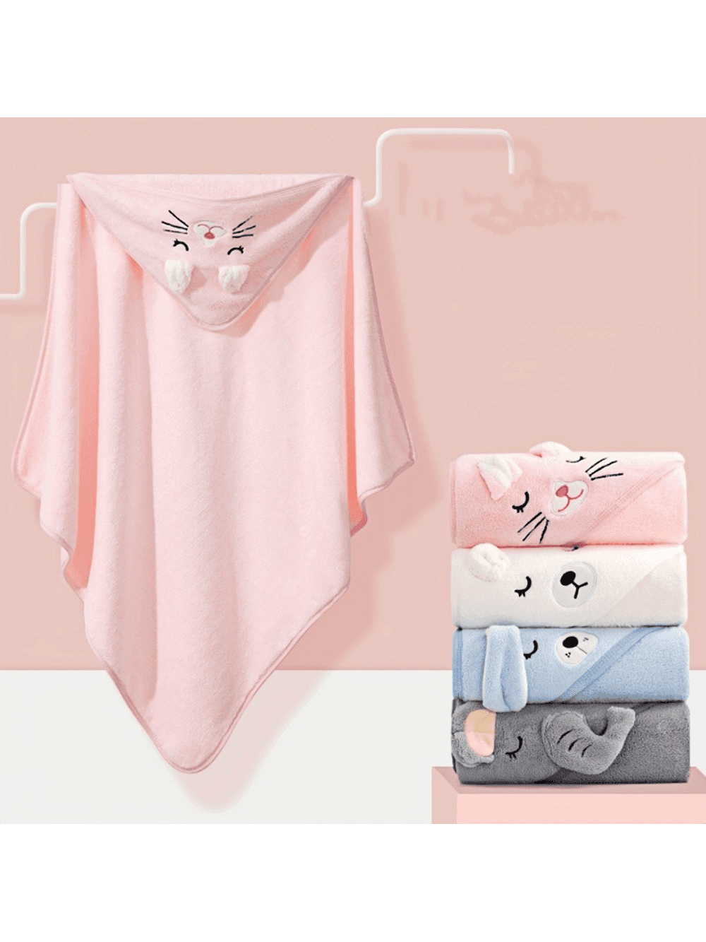 1pc Unisex Animal Face Hooded Baby Bath Towel, Unique Animal Design Super Soft Newborn Bath Towel, Big Size Baby Hooded Towel, All-Season Children's Bathrobe Towel, Coral Plush Cartoon Animal Hooded Cape Bath Towel, Soft And Comfortable Baby Bathing Wrap Towel