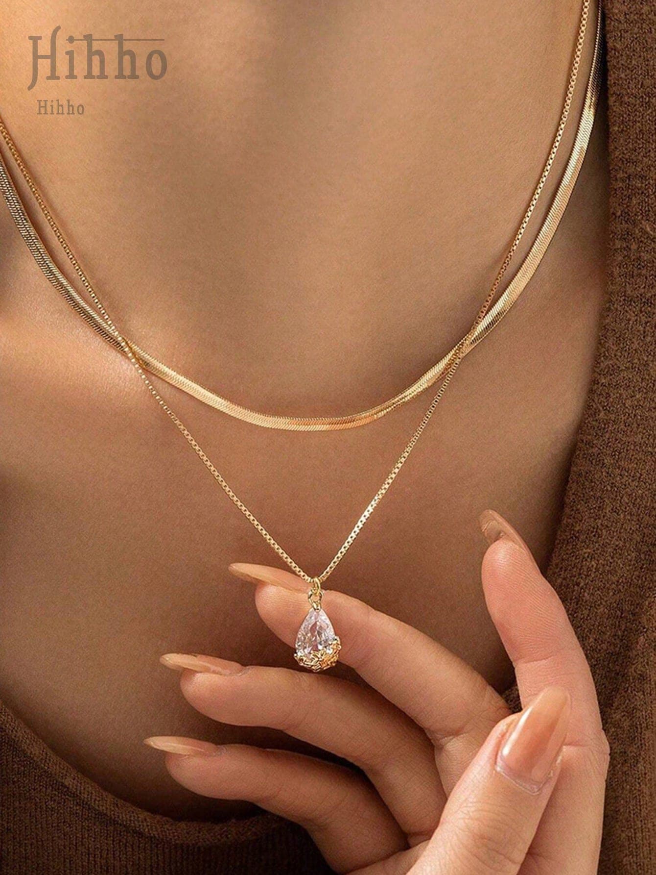Hihho 2pcs Water Drop Micro-Inlaid Cubic Zirconia Pendant Double Layered Delicate Necklace Women's Daily Accessory, Gift