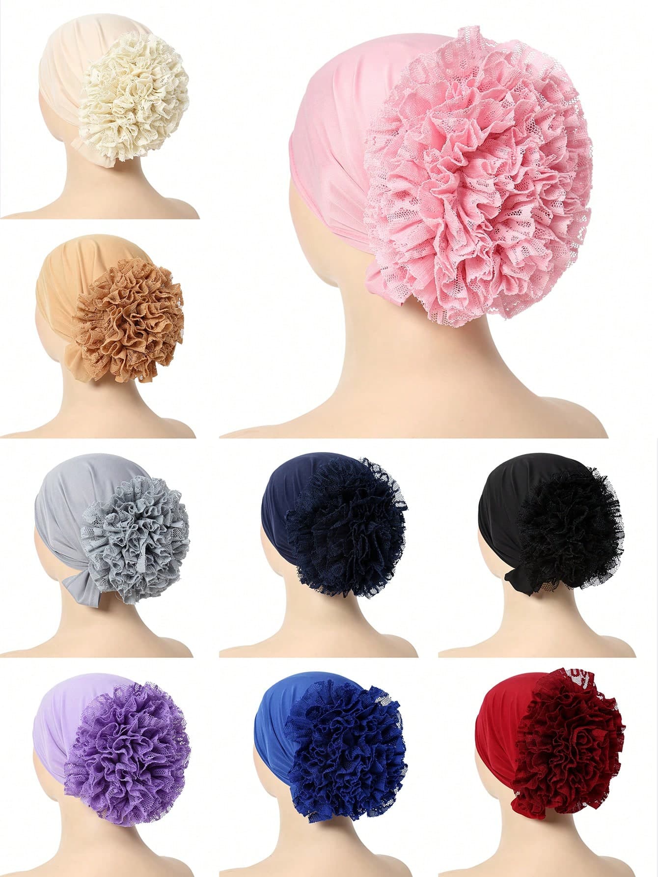 1pc Chiffon Floral Headscarf India Hat Solid Color Lace Edge Flower Cap Women Hijab Headband Abaya For Abaya Accessories Valentine's Day Daily Under Cap Valentines