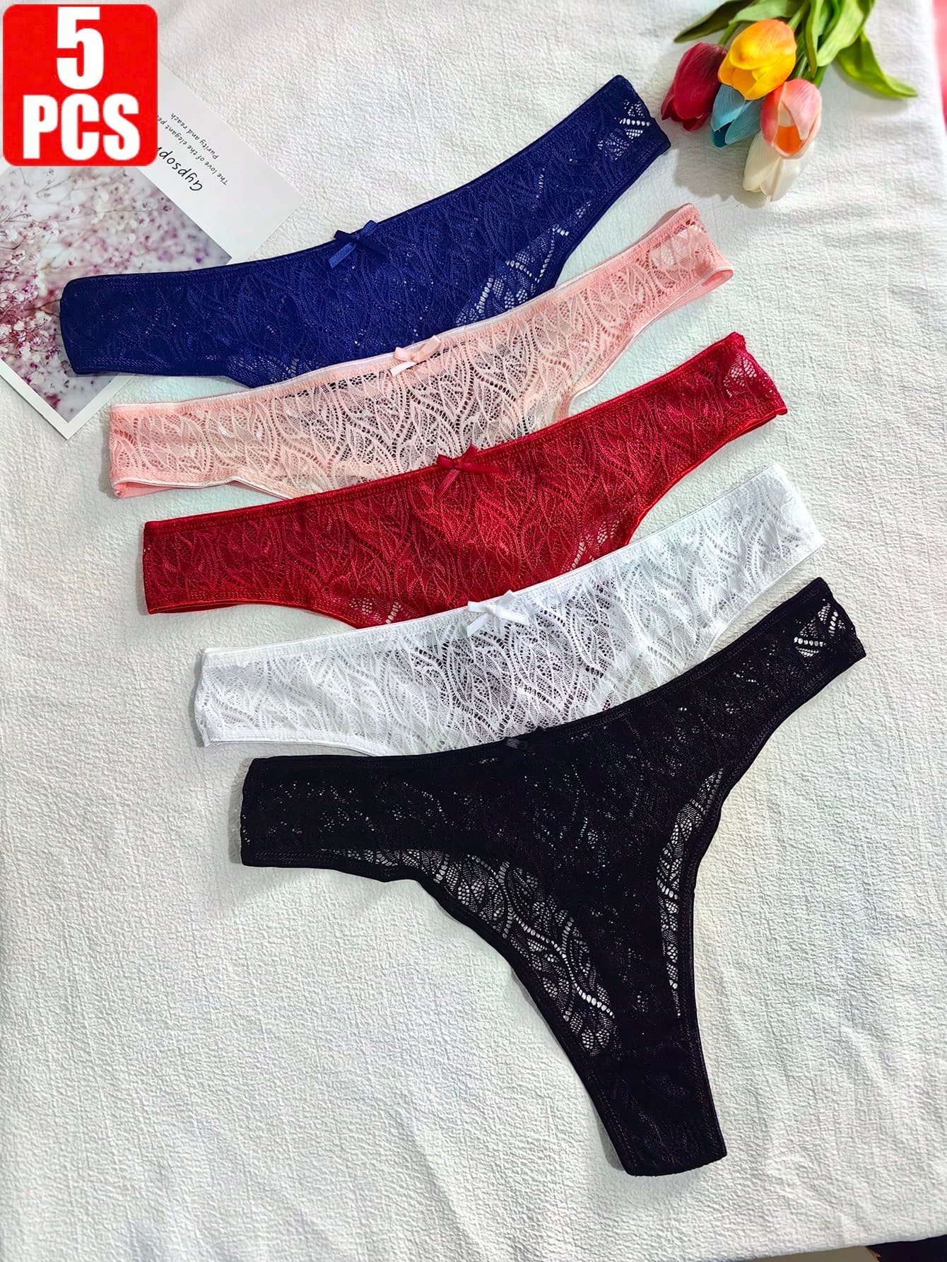 5pcs Plus Size Women's Sexy Lace Thongs, Hollow Out See-Through Fashionable Mid-High Waisted Underwear Lingerie