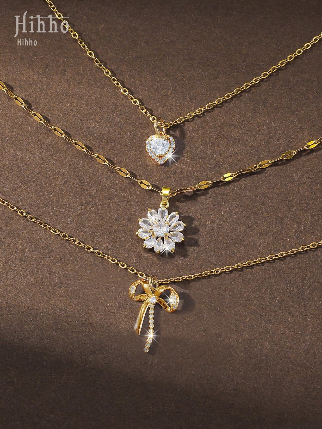 Hihho 3pcs Elegant Necklace Set With CZ Inlaid Heart, Flower, Butterfly Pendant Design For Women, Luxury Jewelry Gift