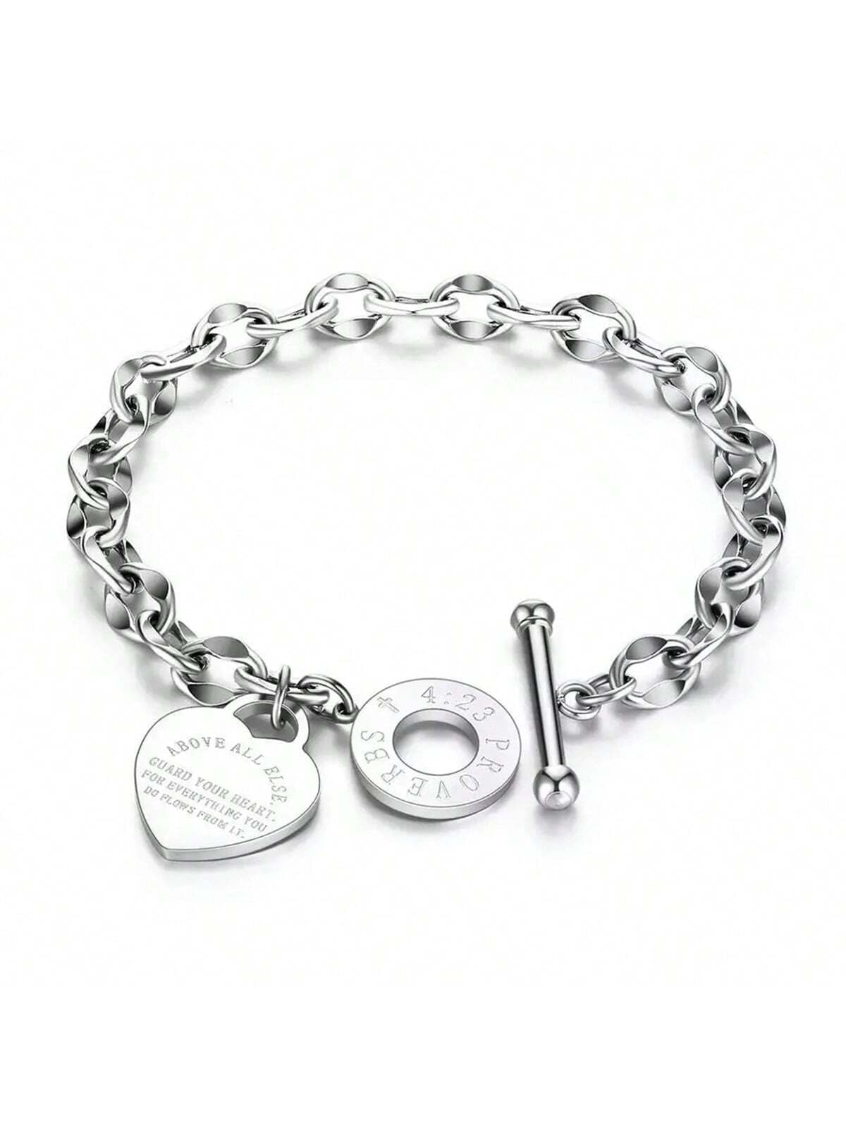 1pc Women's Stainless Steel Classic Heart Shaped Engraved T-Bar Chain Bracelet, Gift For Valentine's Day, Mother's Day