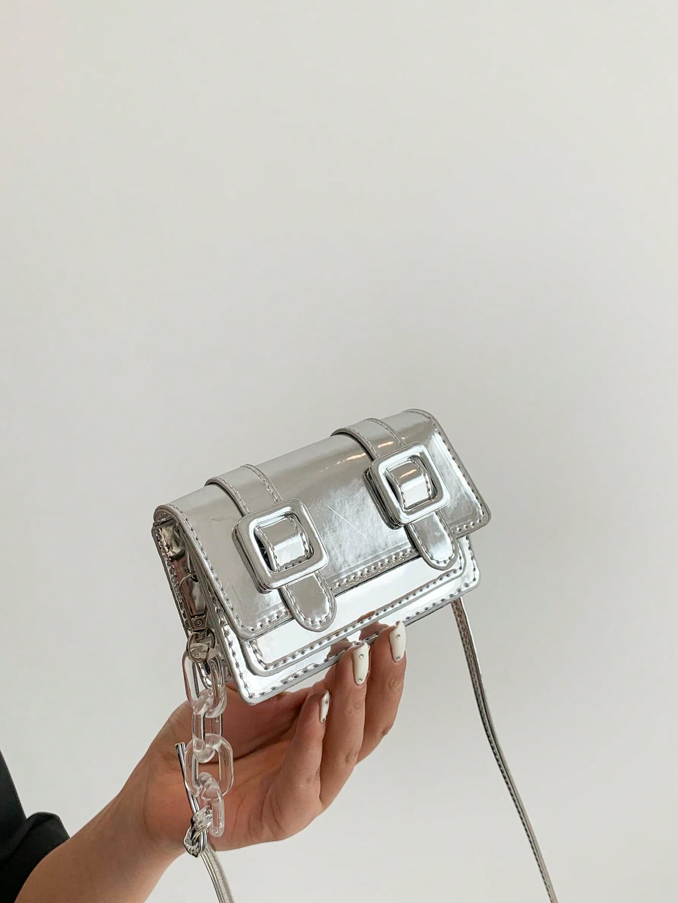 Mini Messenger Bag Buckle Decor Metallic Funky PU For Daily Life, Fashion Purse