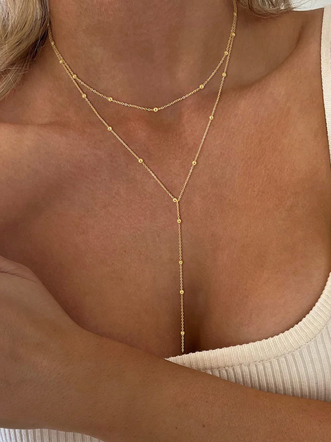 1pc Stainless Steel Double Layer Necklace, Long Pendant Necklace, Y-Shape Chain With Round Bead Pendant, Women's Daily Wear