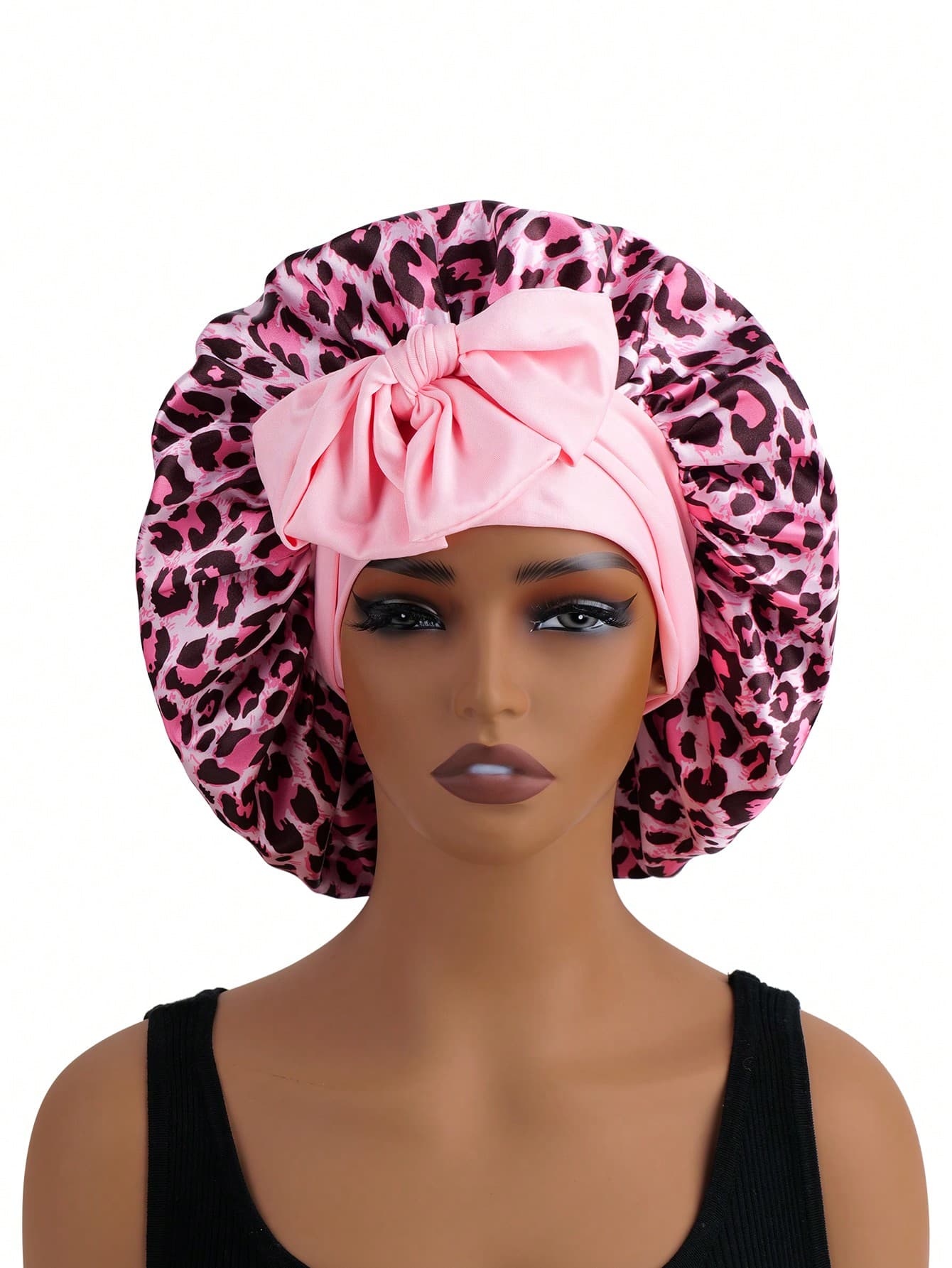 1pc Satin Bow Tie Sleeping Cap, Solid Color Stretchy, Lightweight & Breathable, Suitable For Women & Girls, Leopard Print Sleep Bonnet