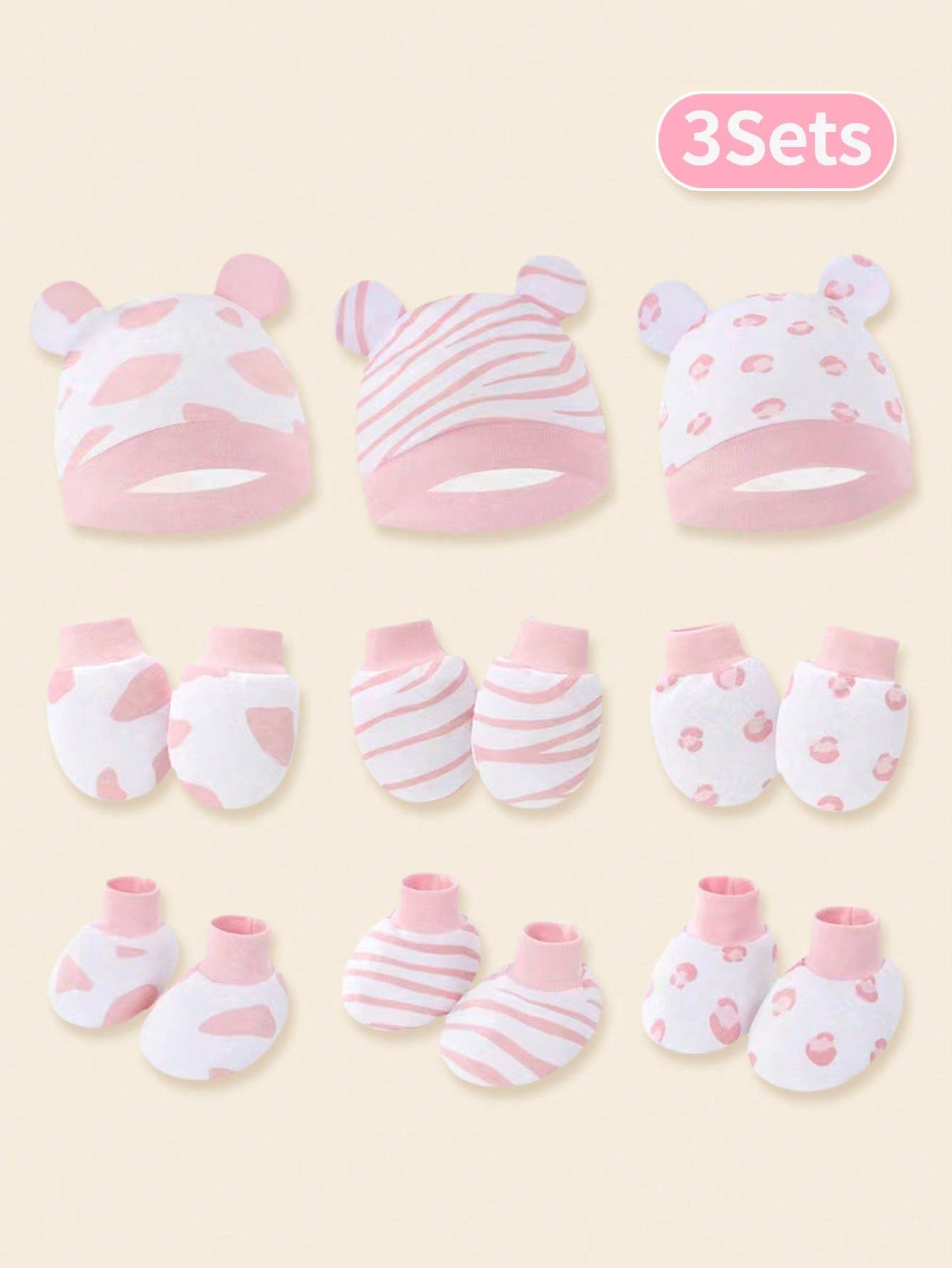 3pcs/Set Pink Newborn Baby Earflap Hat + Scratch Mittens + Booties, Suitable For Daily Wear