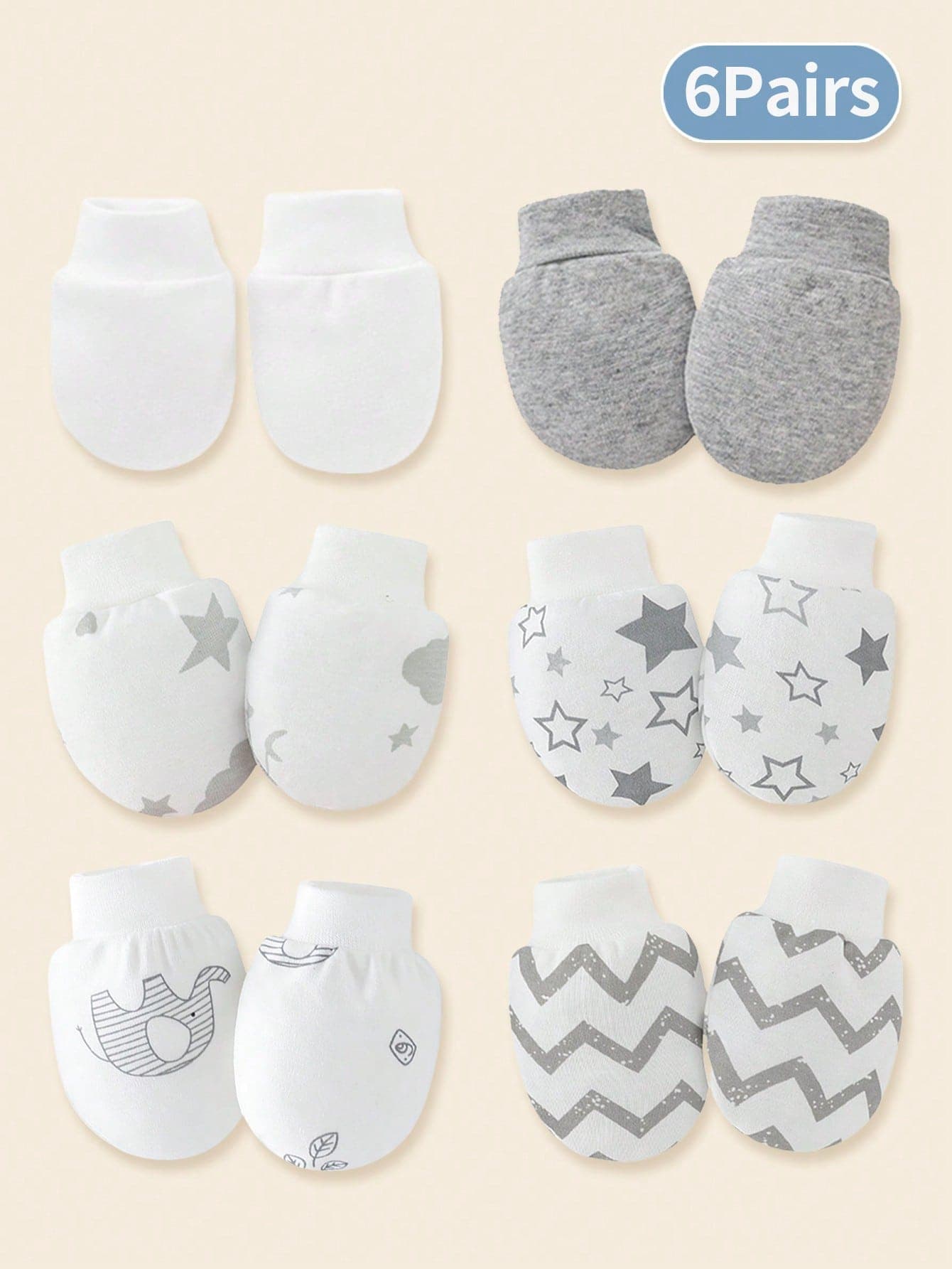 6 Pairs Newborn Baby Cute Star & Elephant Print Scratch Mittens, Soft & Comfortable Full Finger Gloves For Baby Boys, Great Gift