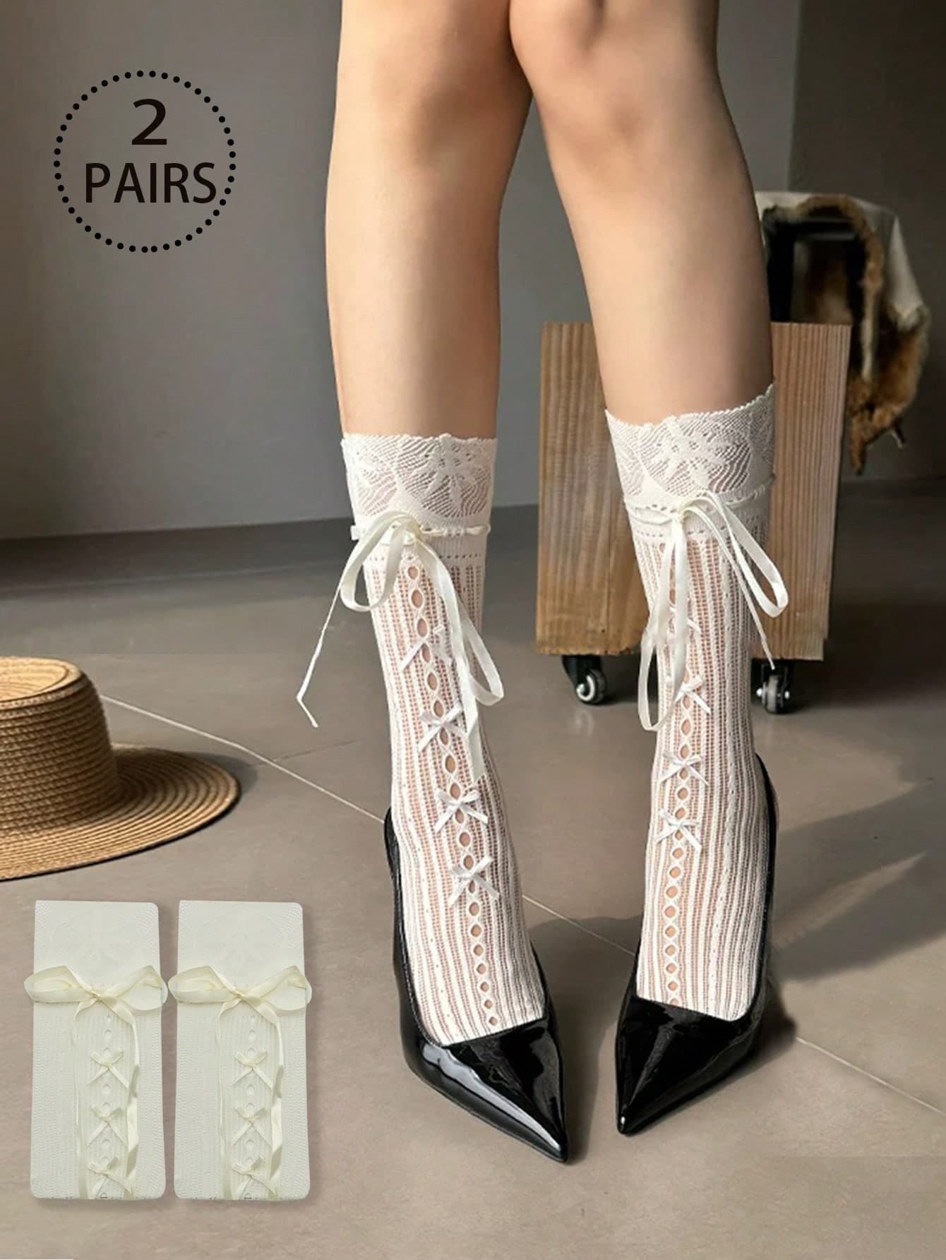 2 Pairs Lolita Style Lace Trim Knee High Socks With Bow For Women, Spring Summer Leg Warmers For Matching Maryjane Shoes And Loafers, Fall