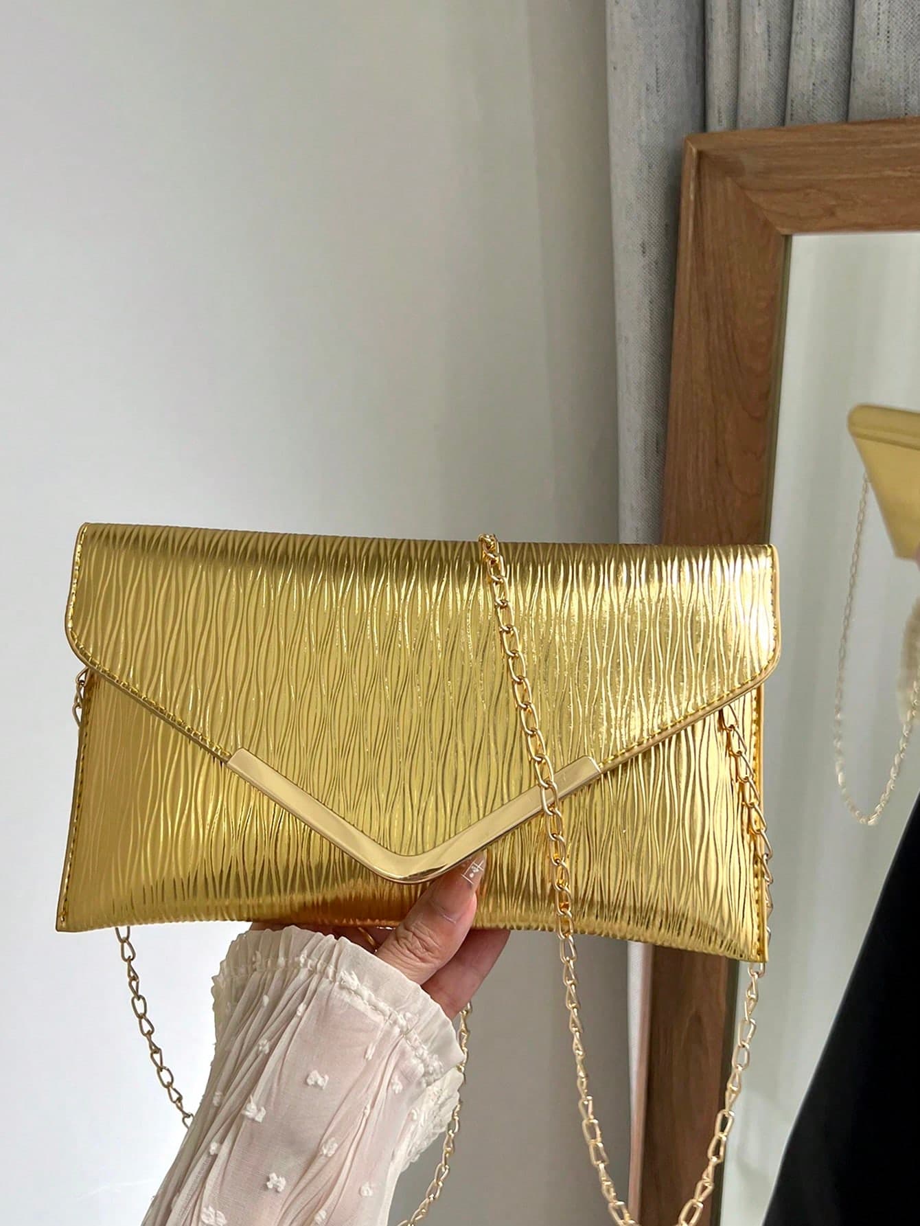 Solid Color Textured Hardware Edged Shoulder Bag, Flap Chain Envelope Crossbody Bag, Wallet, Phone Pouch - Suitable For Dates/Formal Events, Party Bag Perfect For Party Wedding Prom Dinner/Banquet Matching With Holiday Party Dress Evening Dress & Sequin Dress, Perfectly Matching With Prom Accessories