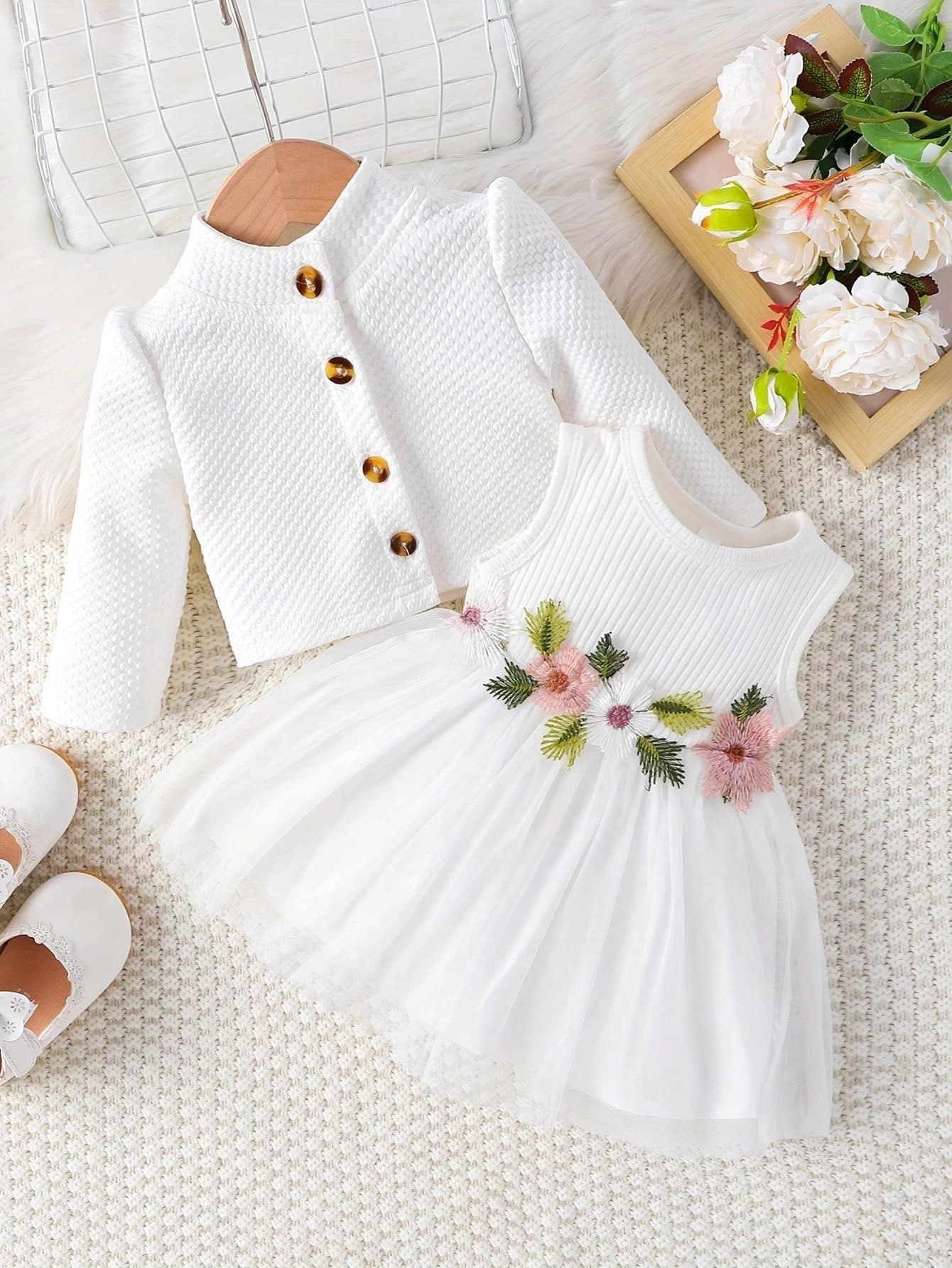 2pcs Baby Girl Tulle Flower Dress And Button Detail Long Sleeve Jacket Outfit Set