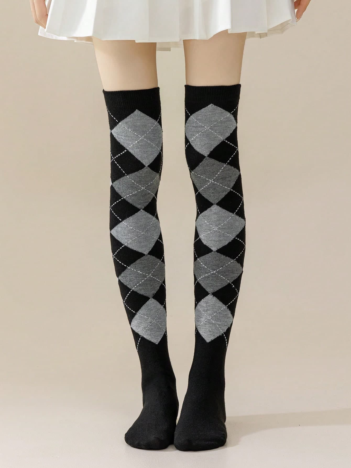 1 Pair Spring Autumn Winter Jk Dance Geometric Patterns Argyle Plaid Knee High Socks Thigh Over The Knee Socks, Y2k, Cozy