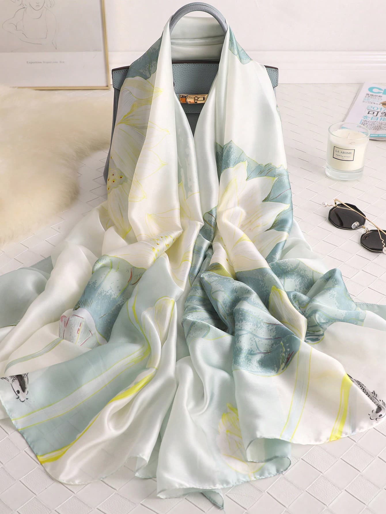 1pc Women's Elegant Bright-Color Satin Printed Long Scarf, Fashion Smooth Lightweight Shawl, Versatile For Casual Wear And Hijab