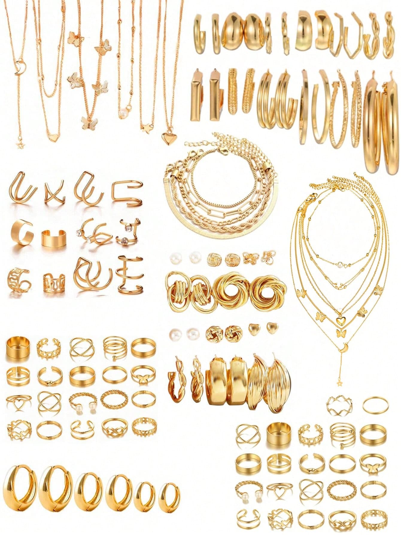 38-68pcs Style Simple Elegant Vintage Butterfly, Heart, Faux Pearl, Twist Knot, Star, Moon, Rhinestone, Wide Band, Snake Chain, Braid Chain, Geometric C-Shape Earrings, Necklace, Ring, Bracelet Jewelry Set For Holiday, Party, Daily Wear