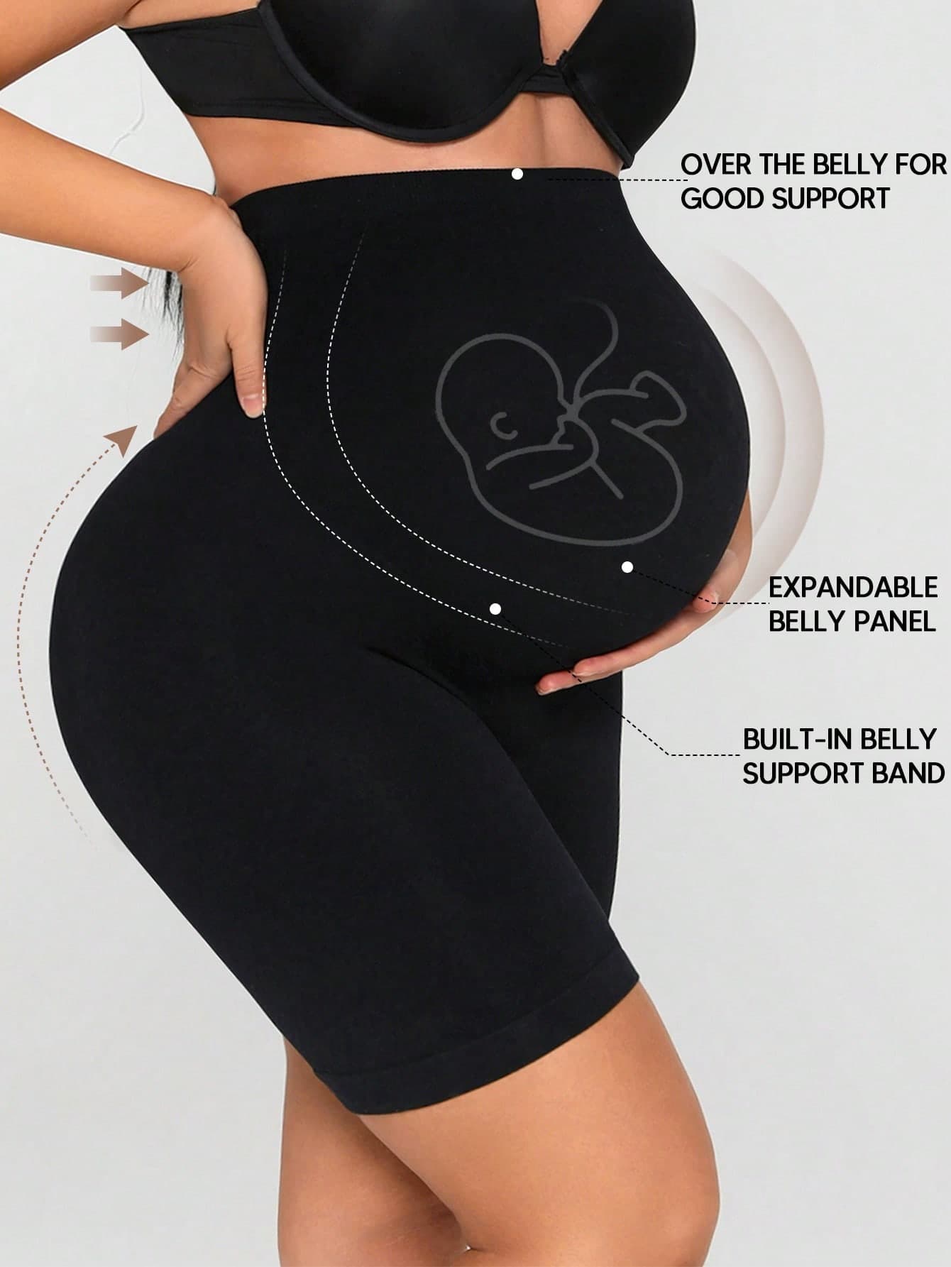 Plus Size Seamless High Waist Maternity Shaping Shorts, Prevent Thigh Chafing, Support Abdomen, Suitable For Sports And Cycling Casual Black Summer