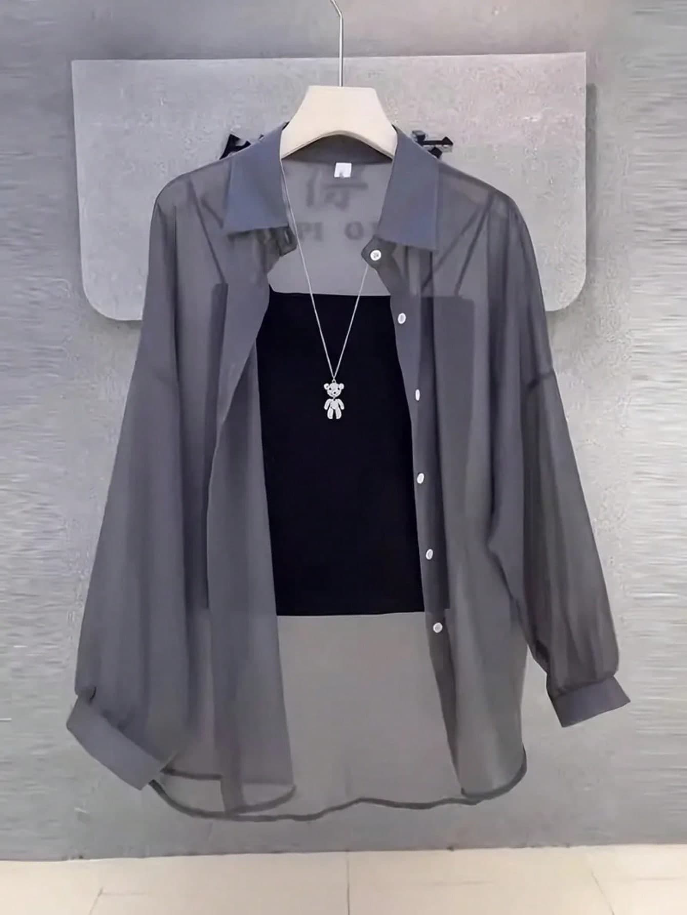 Women's Solid Color Front Button Casual Roll-Up Sleeve Shirt, Sheer Chiffon Long Sleeve Blouse, Lightweight Breathable Fabric, Elegant Design For Office/Party Wear, Spring/Summer