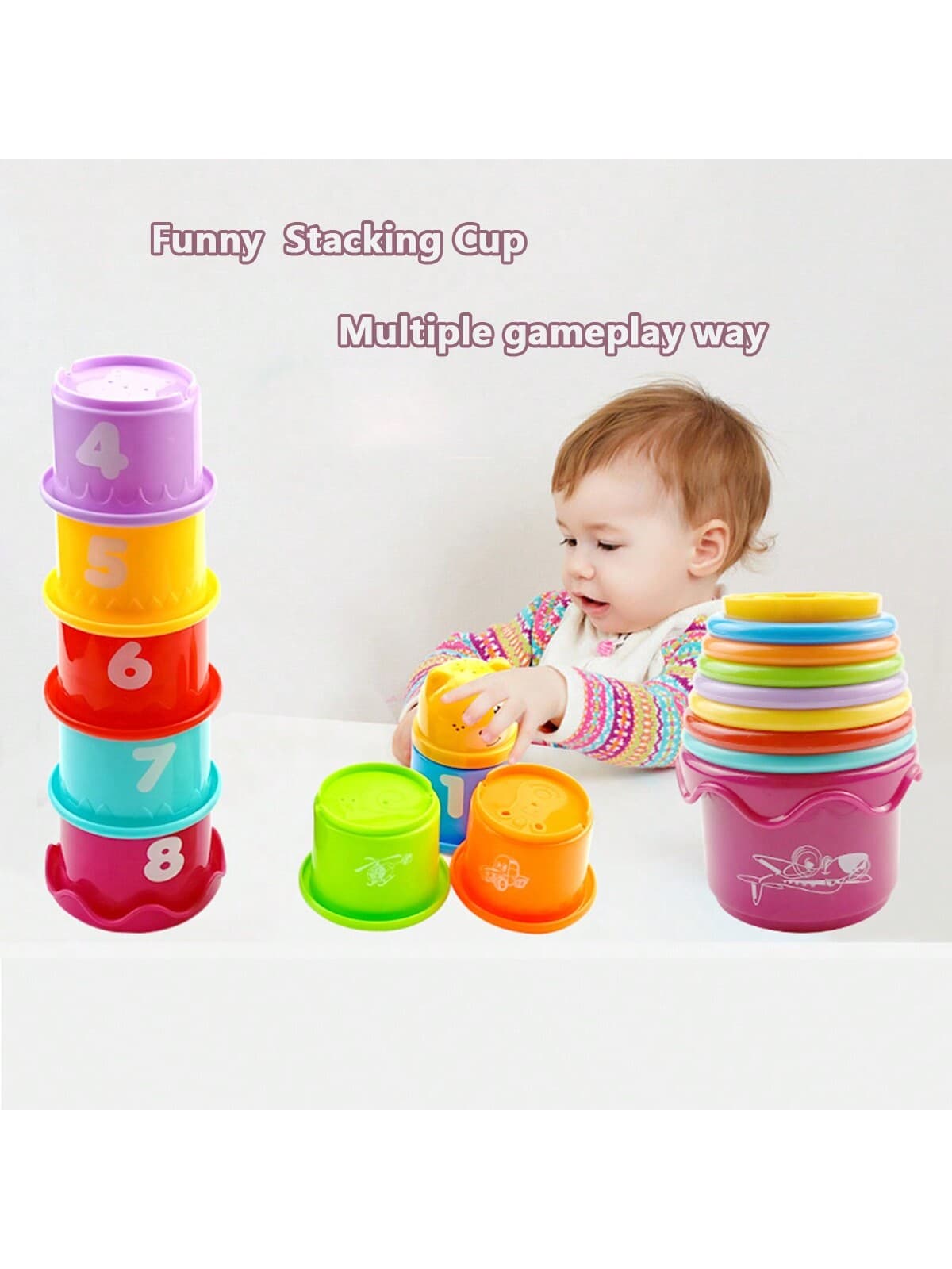 9 Piece Set Baby Stacking Cup Nested Toy Colorful Bell Toy Set Sandy Beach Outdoor Indoor Sense Educational Toy (Random Color Matching)