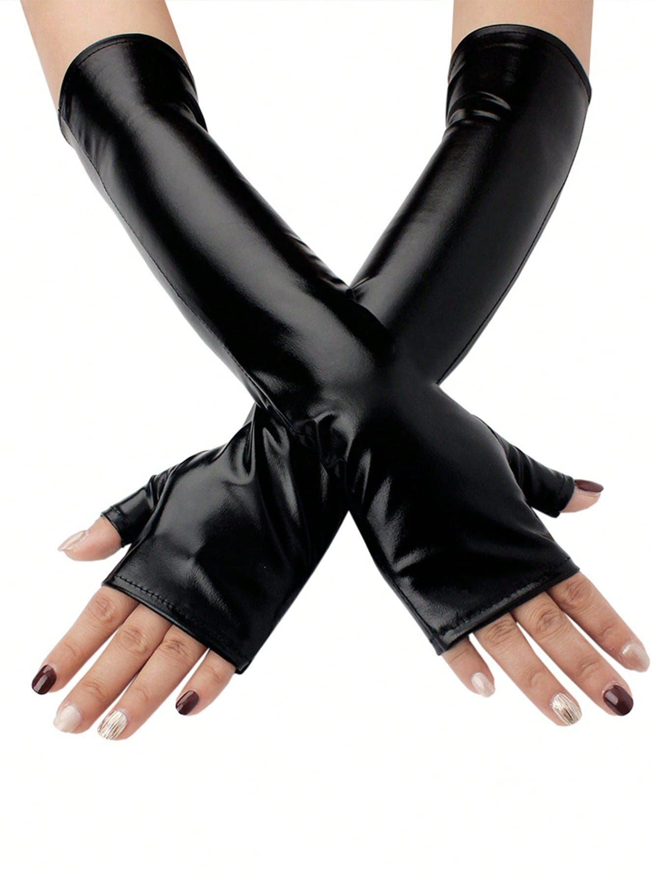 1 Pair Women's Formal Arm Sleeve Faux Leather Sexy Fingerless Long Gloves, Punk Costume Party Prom Fingerless Gloves Summer,Travel,Festival,Camping