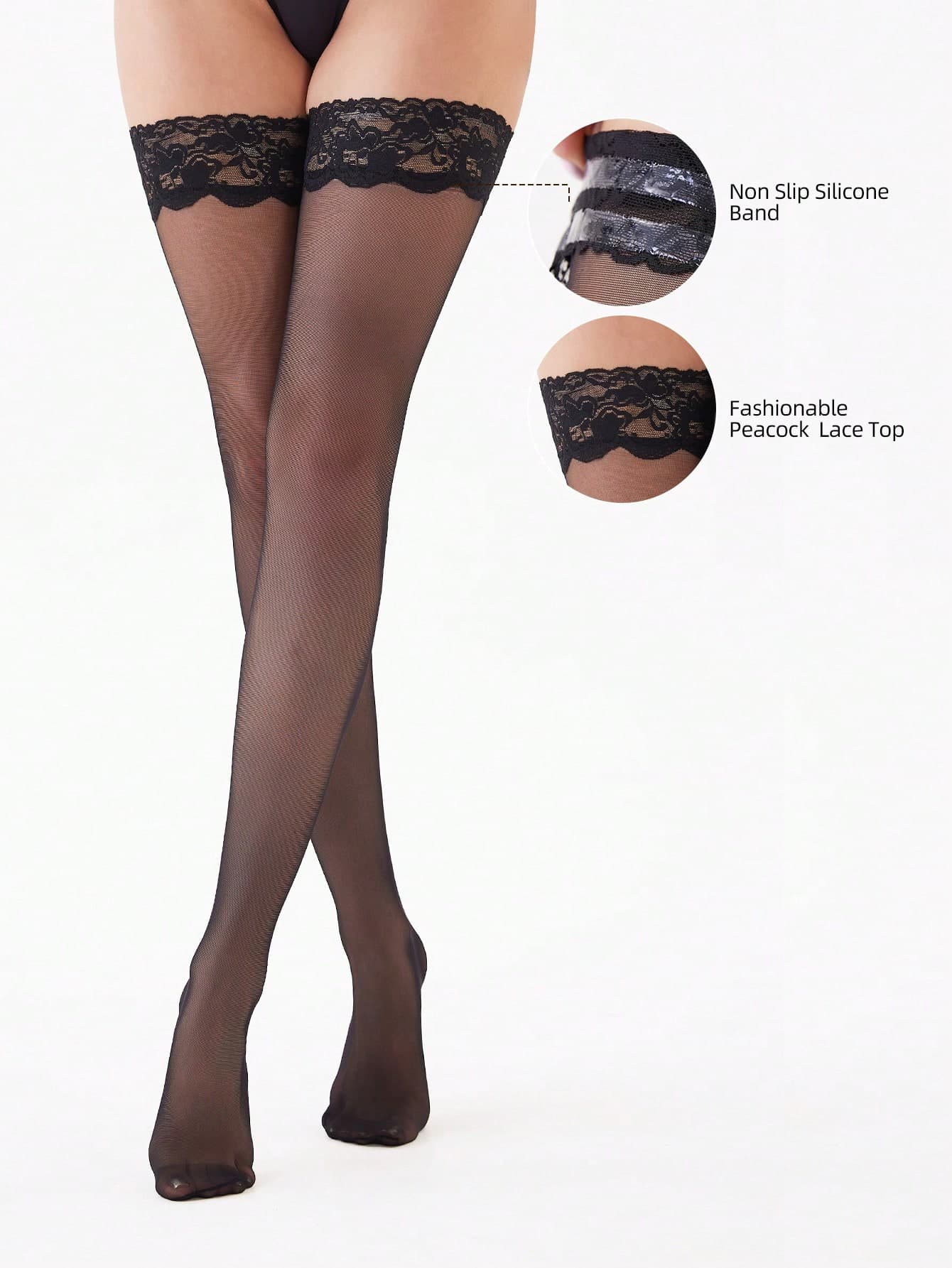 1 Pair 20D Women Lace Over-The-Knee Socks With Anti-Slip Silicone, Sexy & Fashionable