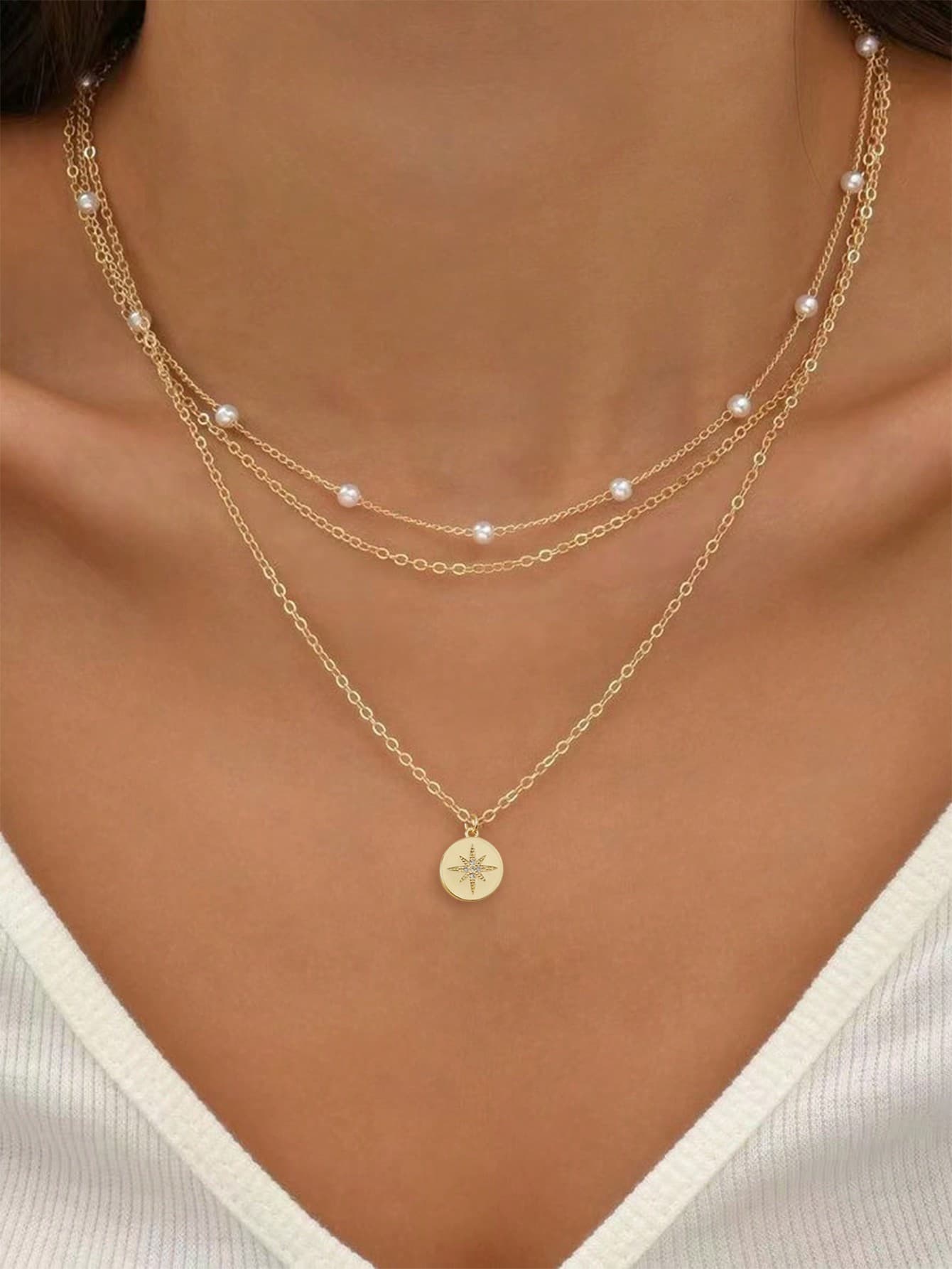 3pcs Set: Fashionable Layered Copper Circle Pendant Necklace With Cubic Zirconia & Faux Pearl, Suitable For Women's Daily & Vacation Wear (Bead Quantity Random)