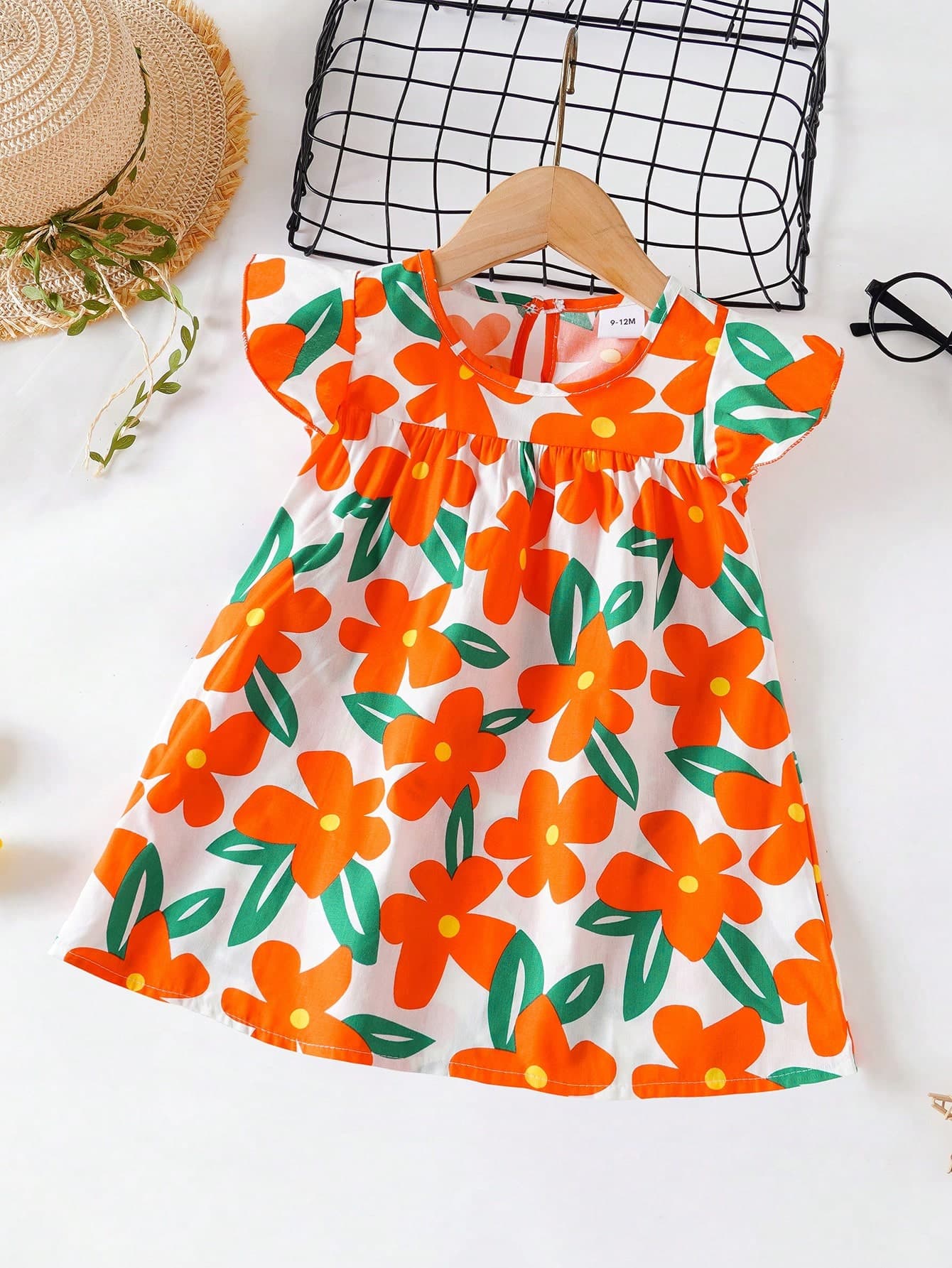 Baby Girls' Floral Print Dress, Infant Short Sleeve Cute Princess Dress