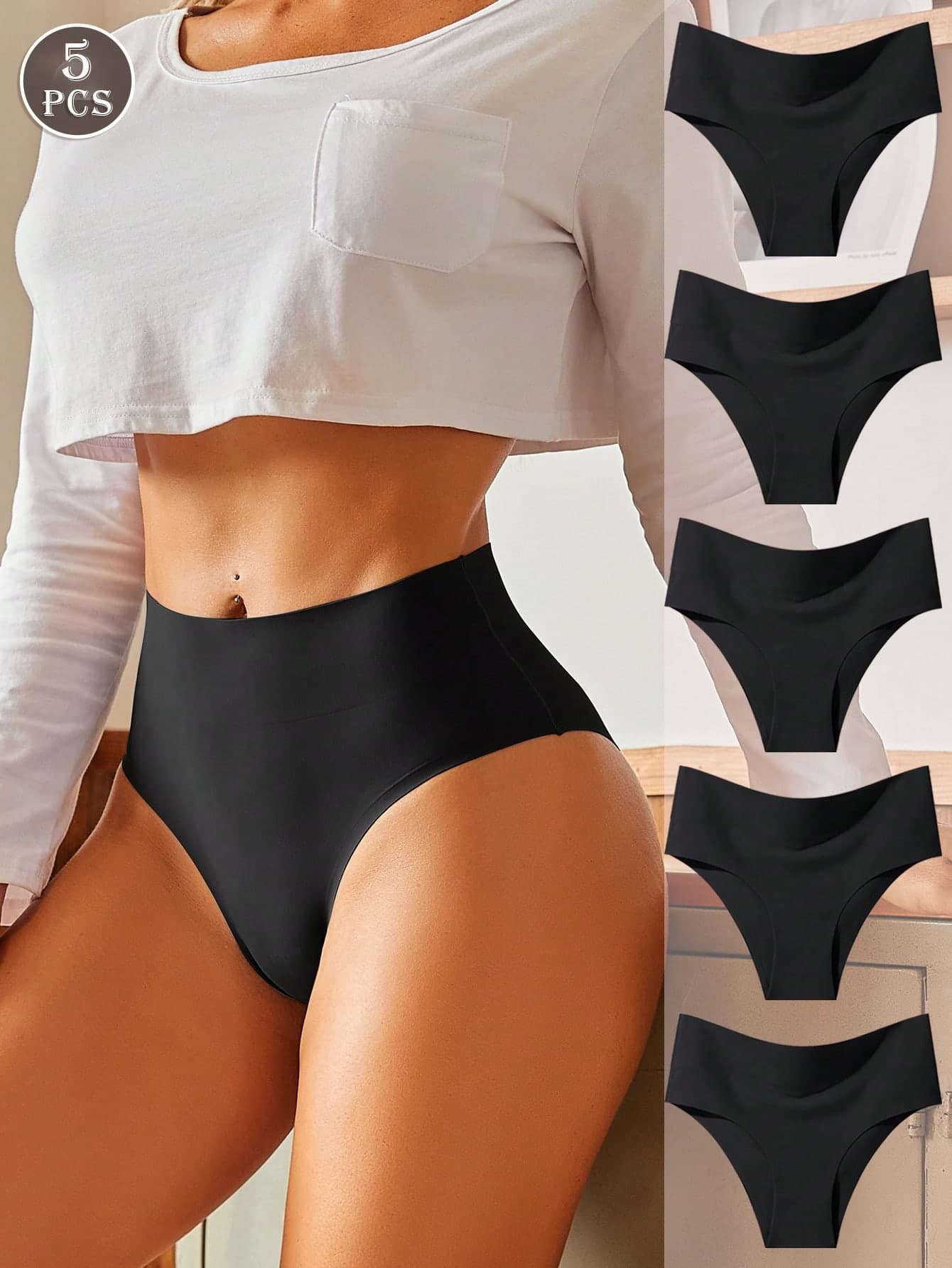 FINETOO 5 Pairs Women's Solid Color Seamless High Waist Casual Simple Design, Wider Waistband Ladies Briefs