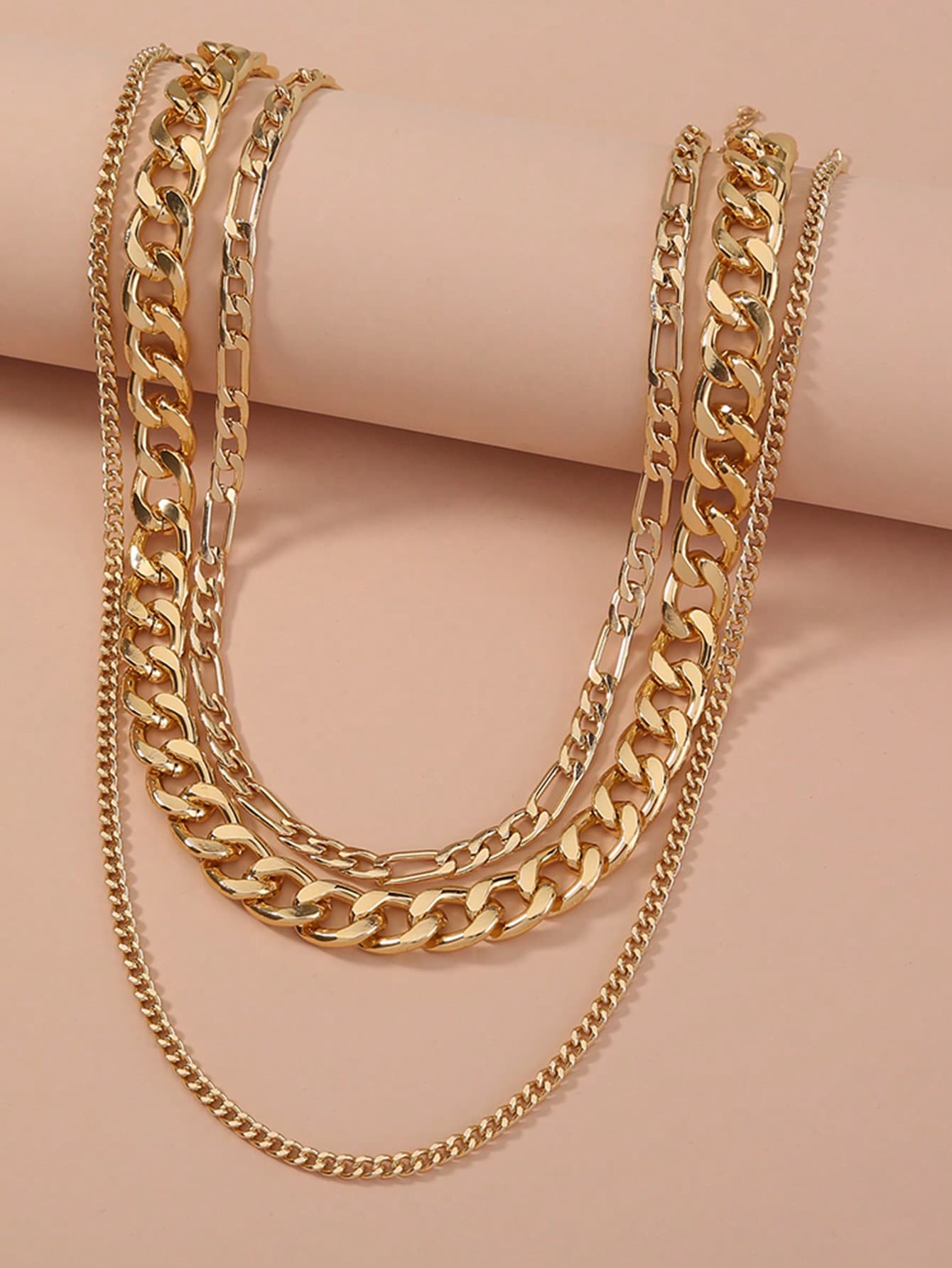 Nooxian 3pcs/Set Multi-Layer Gold-Tone Aluminum Chain Necklace For Women