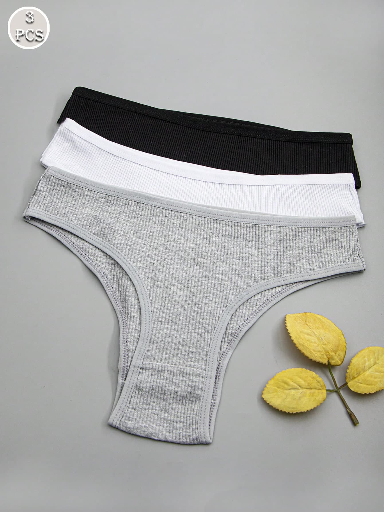 3pcs Women Ribbed Breathable Triangle Briefs In Black, White And Grey