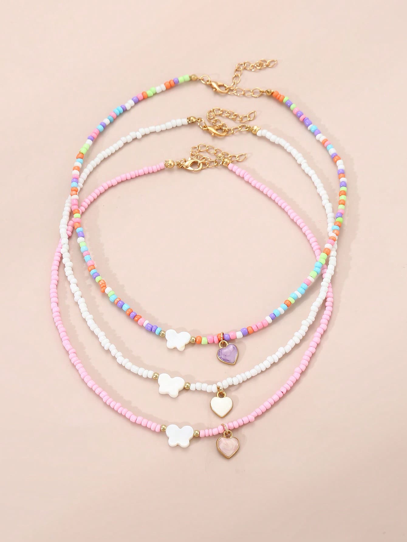 3pcs Girls Colorful Seed Beads Heart Necklace Set