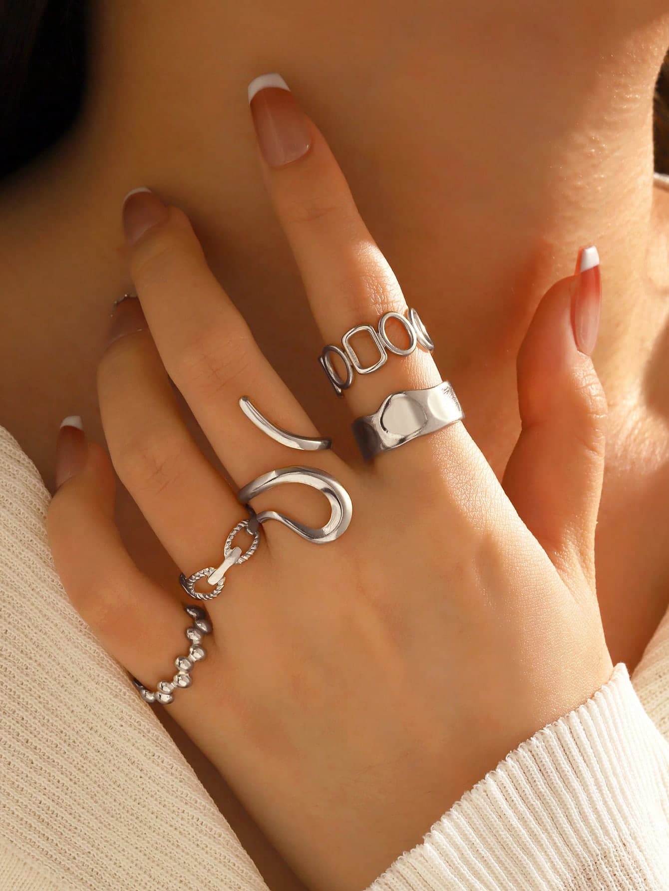 5pcs 18K Gold Plated Stainless Steel Geometric Open Ring Set, Suitable For Women's Daily Wear