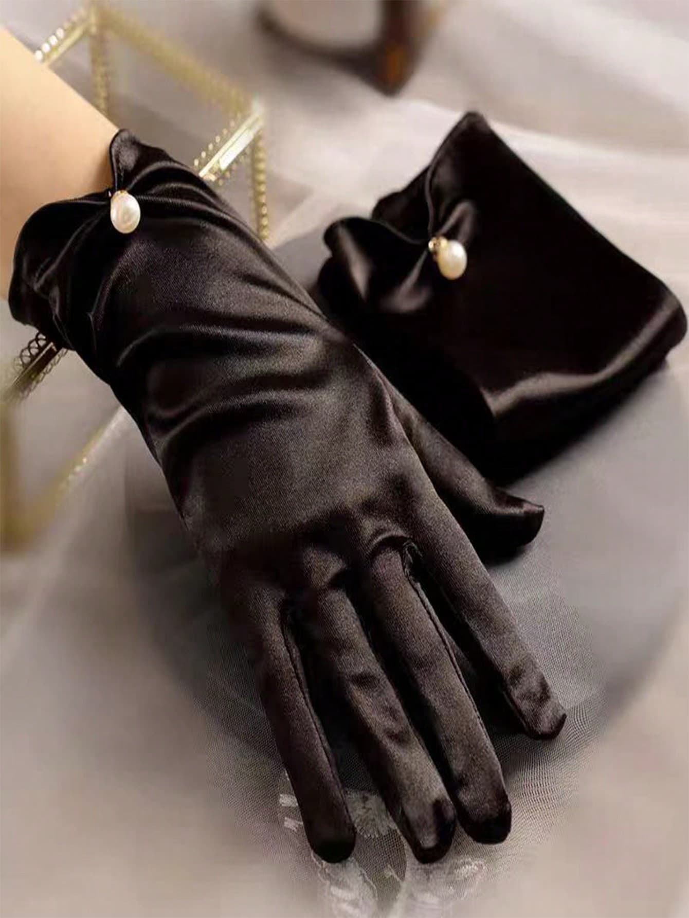 1 Pair Black Faux Pearl Decorated Short Satin Gloves For Women, Suitable For Evening Gown, Wedding And Party