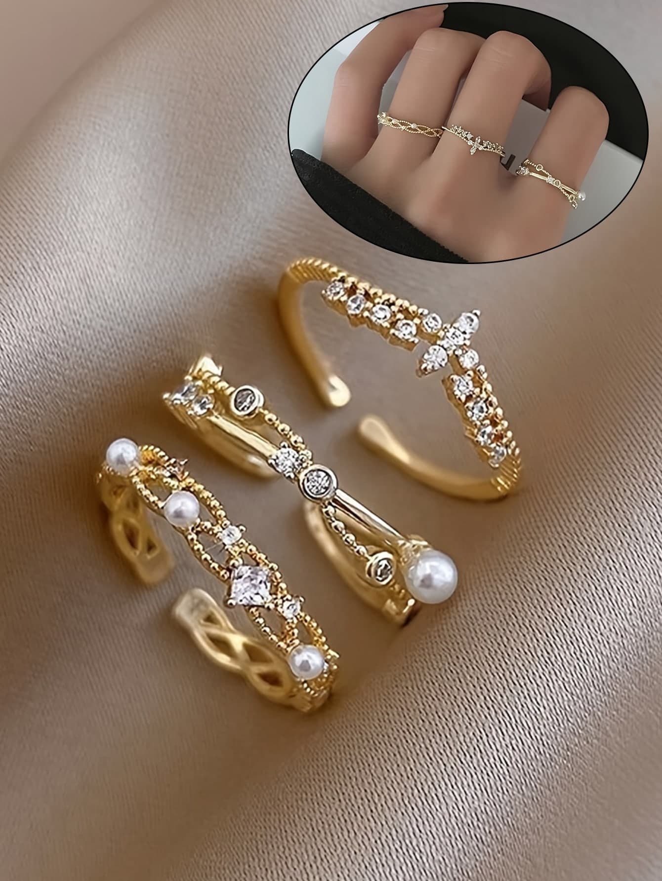 3pcs Set Copper Alloy Cubic Zirconia Faux Pearl Crossed Crown Design Adjustable Open Ring, Suitable For Women Everyday Wear
