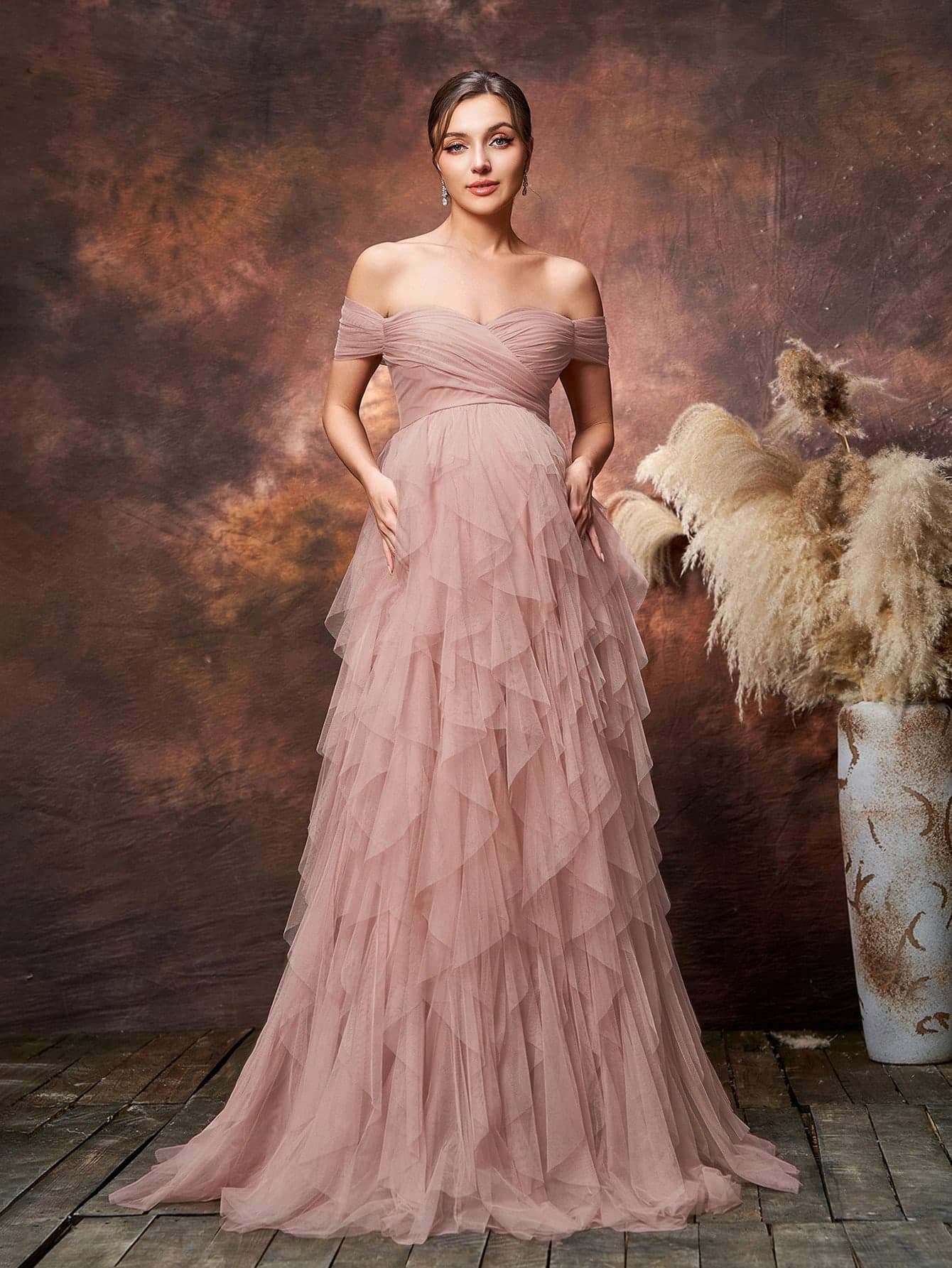 Faeriesty Luxury One-Shoulder Tiered Ruffle Baby Shower Dress - Formal Maternity Gowns With Cascading Hemline For Bridal Luncheons, Garden Weddings, Galas Pink