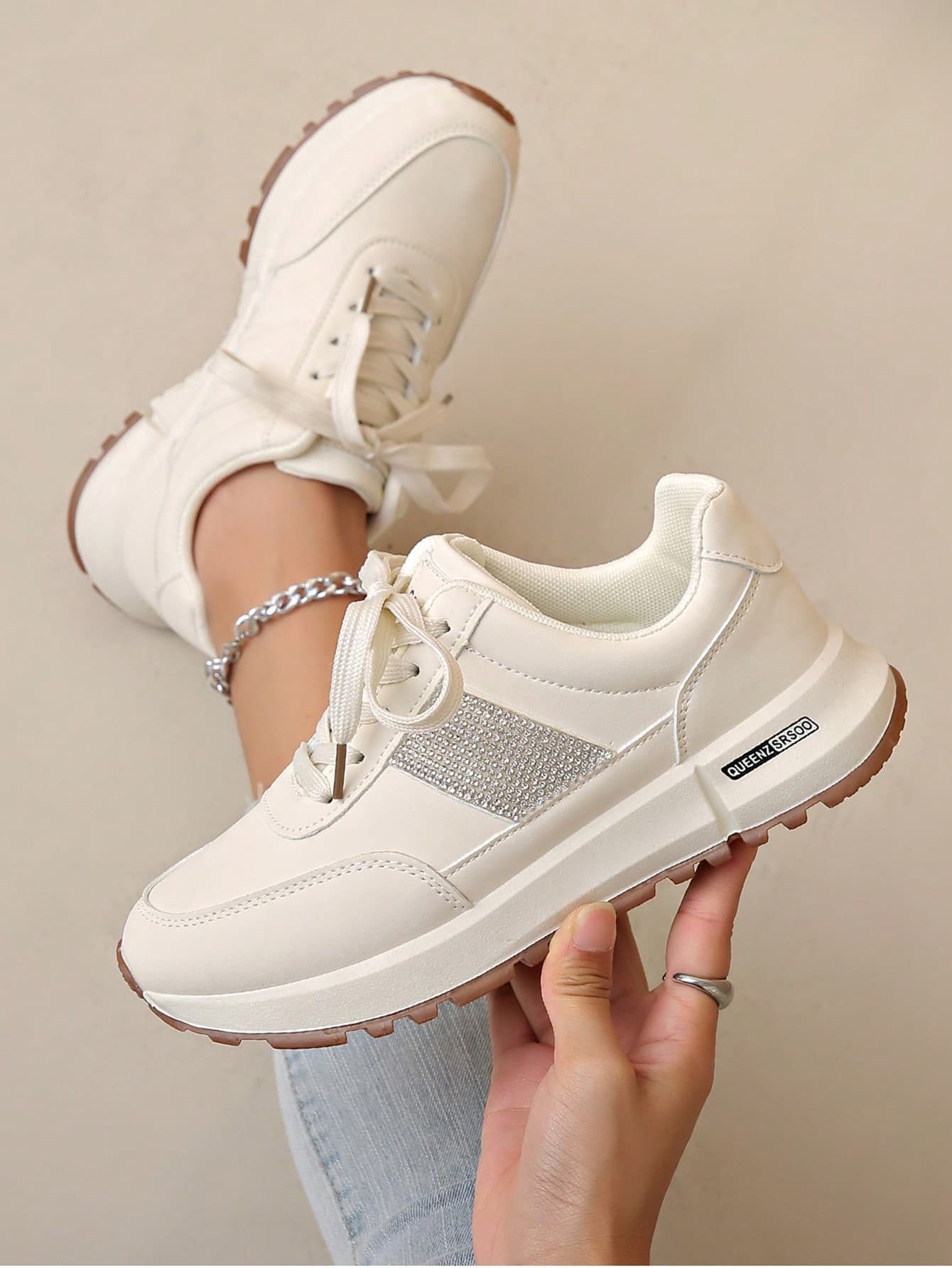 New Rhinestone Embellished Thick Sole Fashion Casual Outdoor Sneakers For Women, Beige Leather