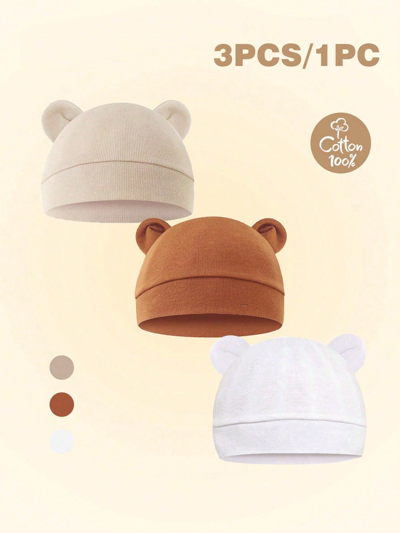 3pcs/Set Infant Solid Color Cotton Warm Protective Cute Ear Baby Hats, Suitable For Daily Use