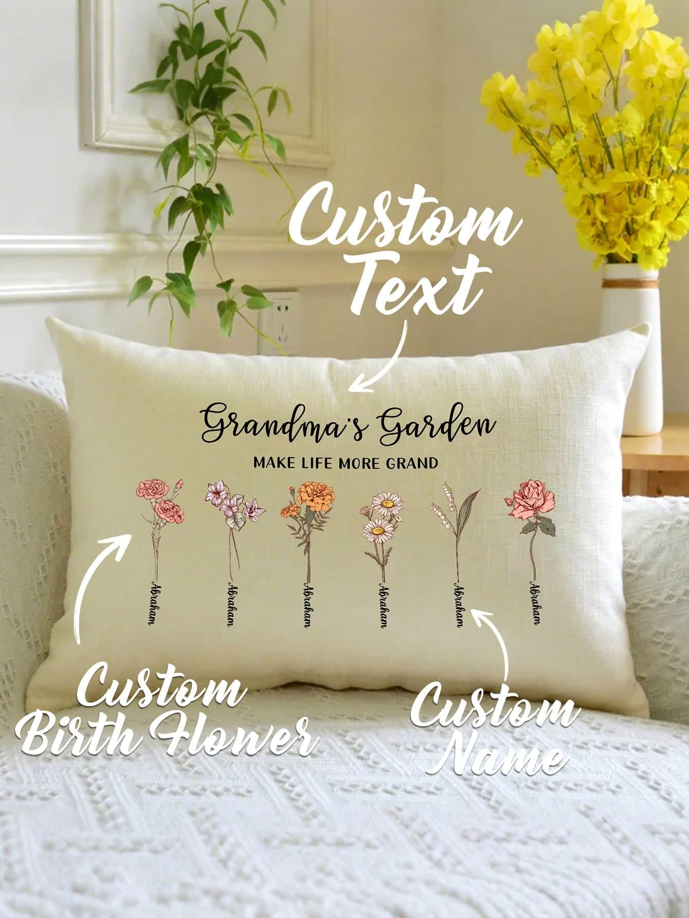 1pc Customized Name & Birthday Floral Pillowcase, 49*32.5cm, 1-12 Birthday Flowers Available, Pillowcase Only, Suitable For Living Room, Bedroom, Sofa, Bed, Car, Personalized Custom, Ideal Gift For Family, Friends, Son, Daughter, Aesthetic Home