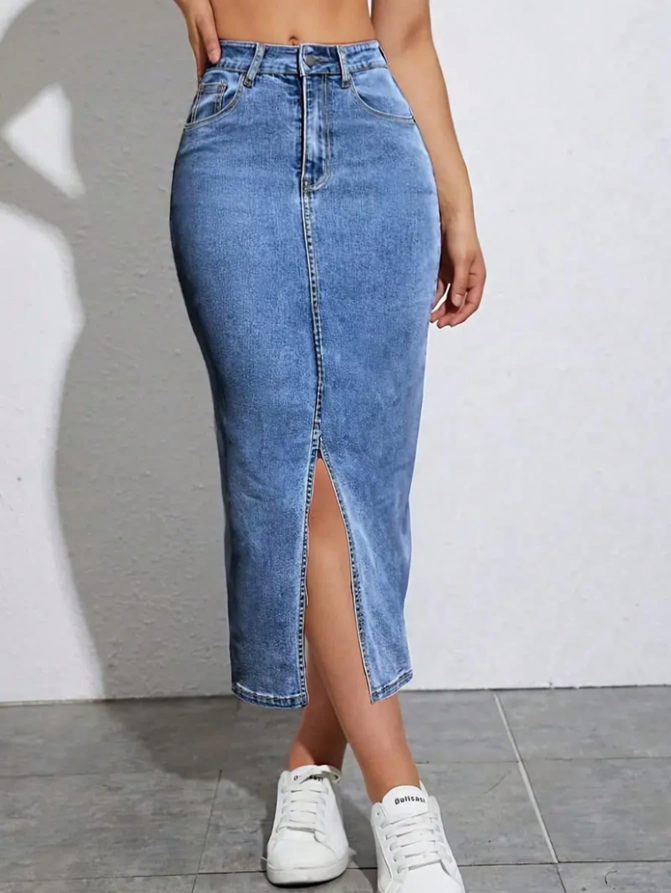 Fashionable Elastic Pocket Slit Skirt, Casual Comfortable Women's Denim Bodycon Skirt, Recommend Ordering One Size Down