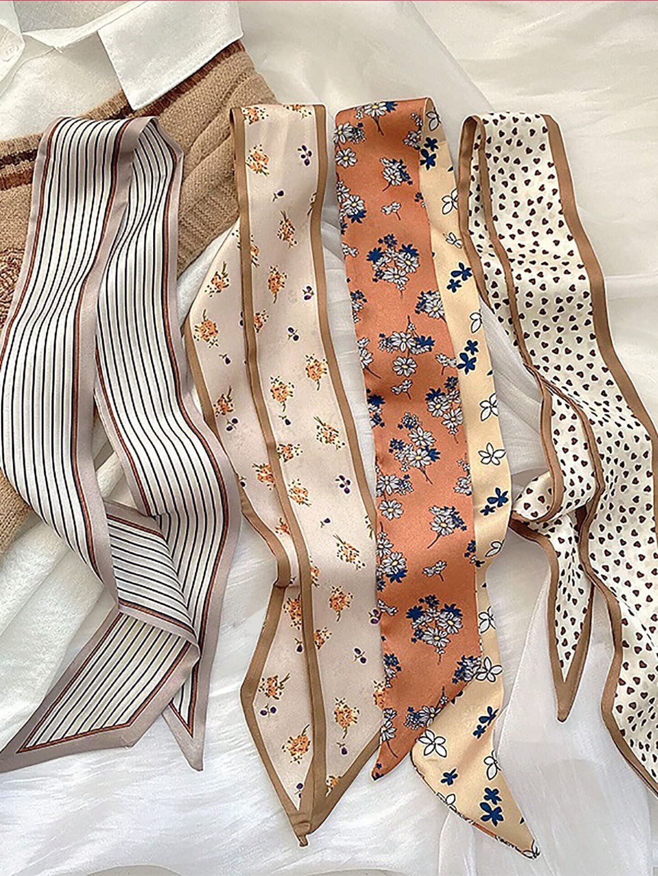 4pcs Set Elegant Khaki Silk Scarf,Floral Pattern Headband And Fashion Hair Scrunchies,Versatile For Daily And Vacation Use
