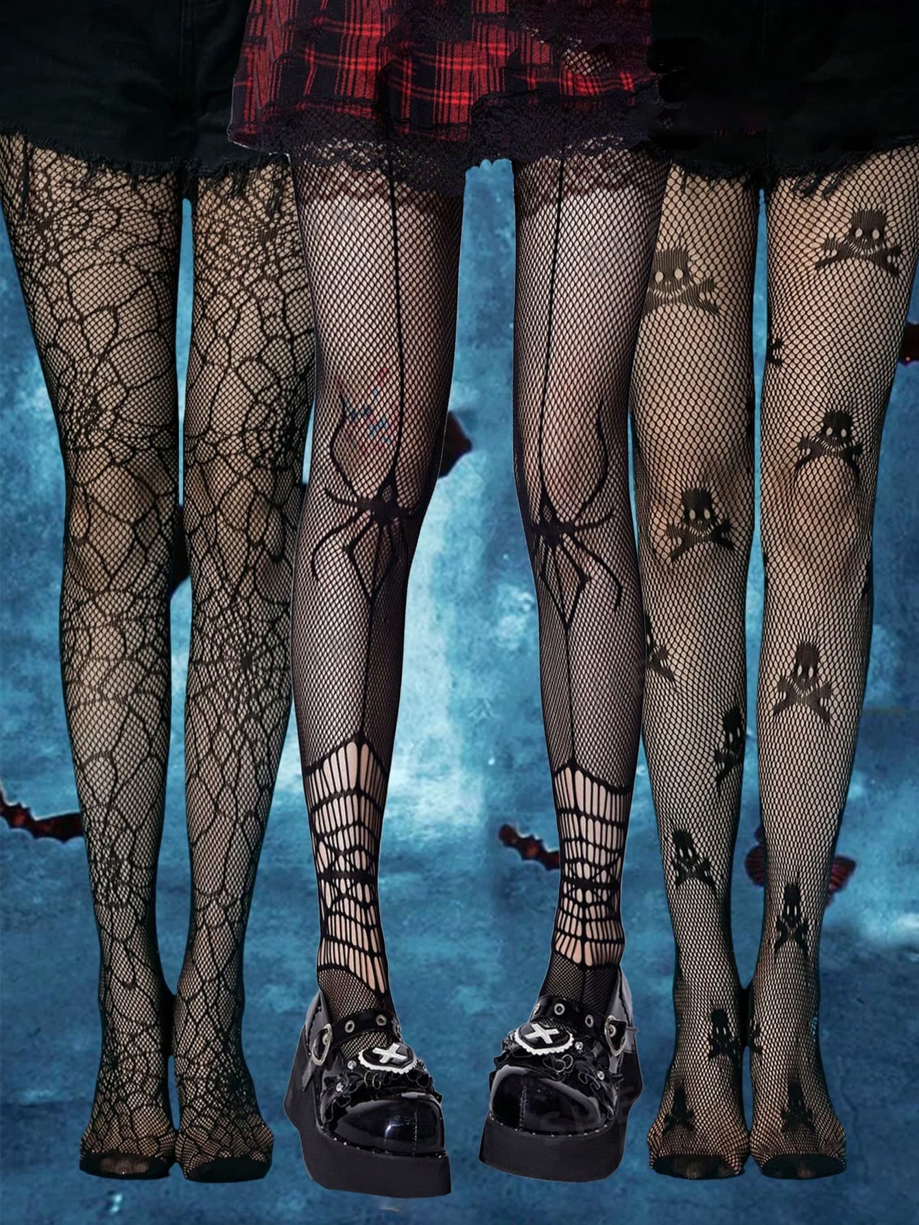 3 Pairs Of Women's Halloween Spider Skeleton Fishnet Stockings