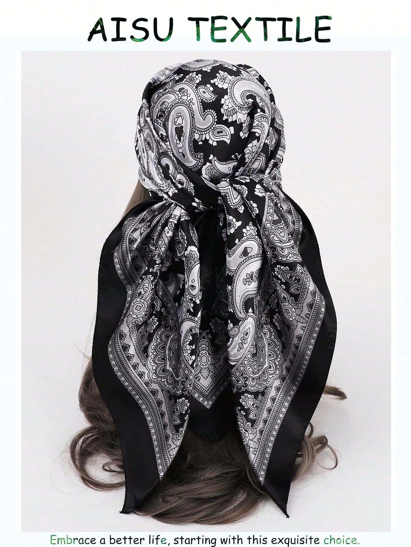 1pc 90CM Paisley Printed Ladies Bandana Simulated Silk Headband Women Bandana, Large Size Square Scarf