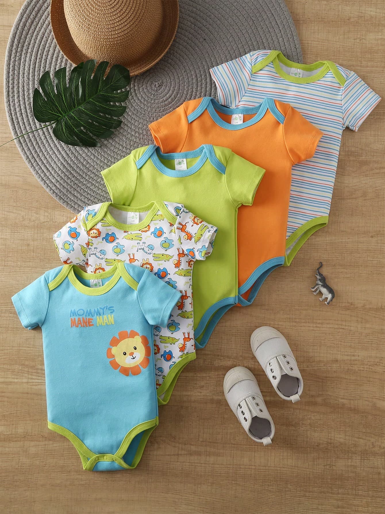 Baby Boy 5pcs/Set Summer Casual Animal Printed Triangle Bodysuit Outfits