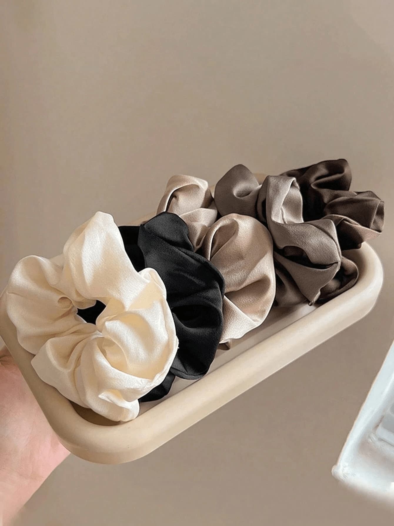 5pcs Satin Black Brown Scrunchies, 3.35 Inch, Hair Ties, Ponytails, Hair Elastics, Hair Accessories, Daily Use