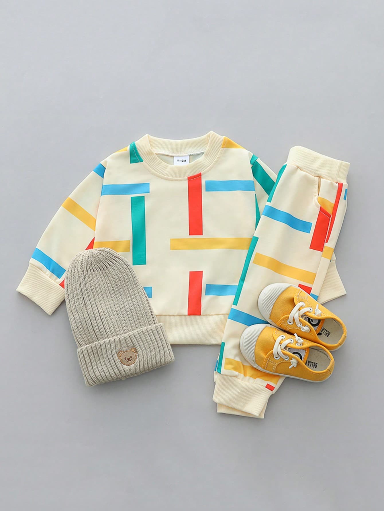 2pcs Baby Boy Colorful Striped Crew Neck Long Sleeve Top & Pants Set, Spring/Autumn