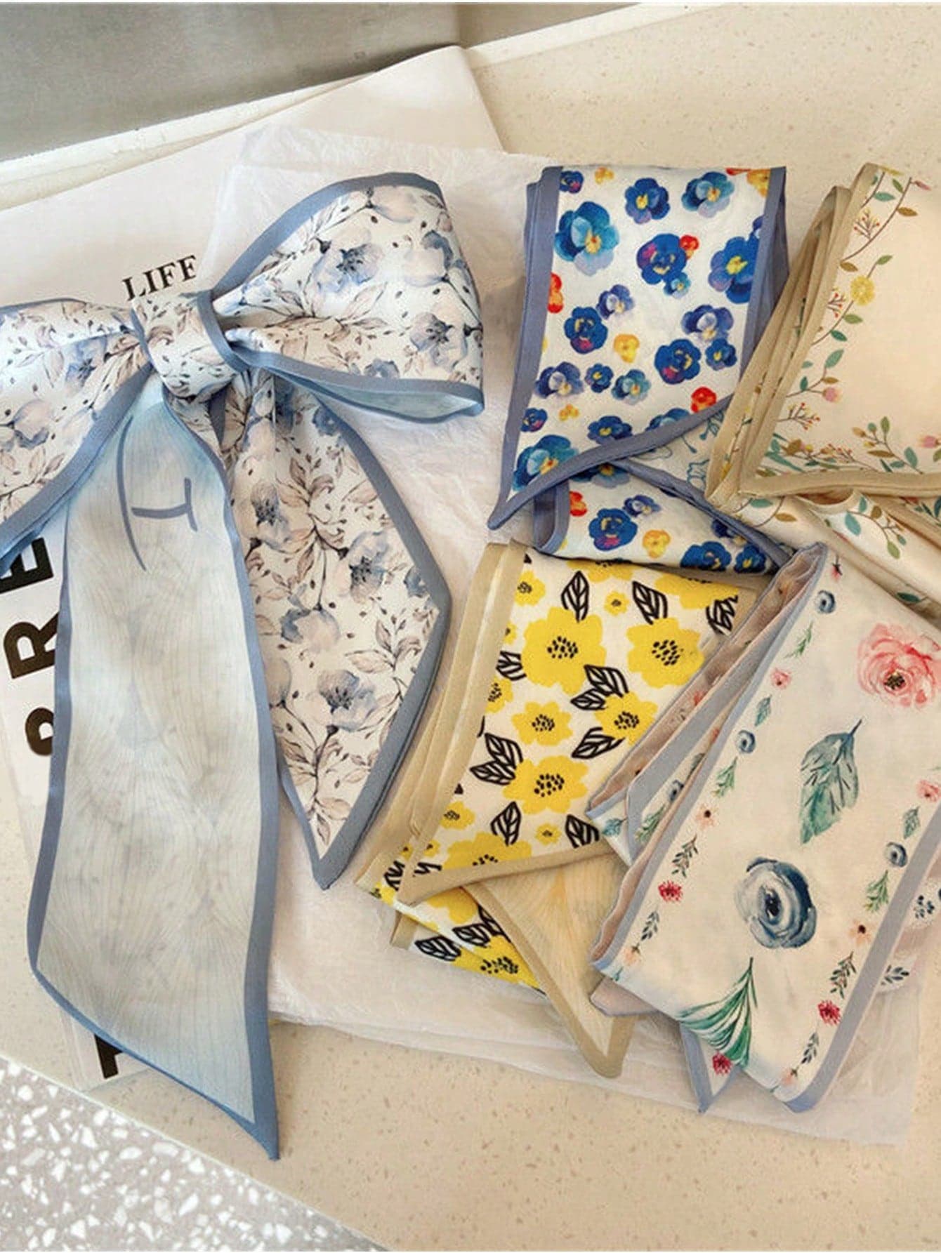5pcs Set: Blue Yellow Floral Print Silk Scarf,Headband,Headscarf,Hair Scrunchie,Versatile For Daily Wear And Vacation