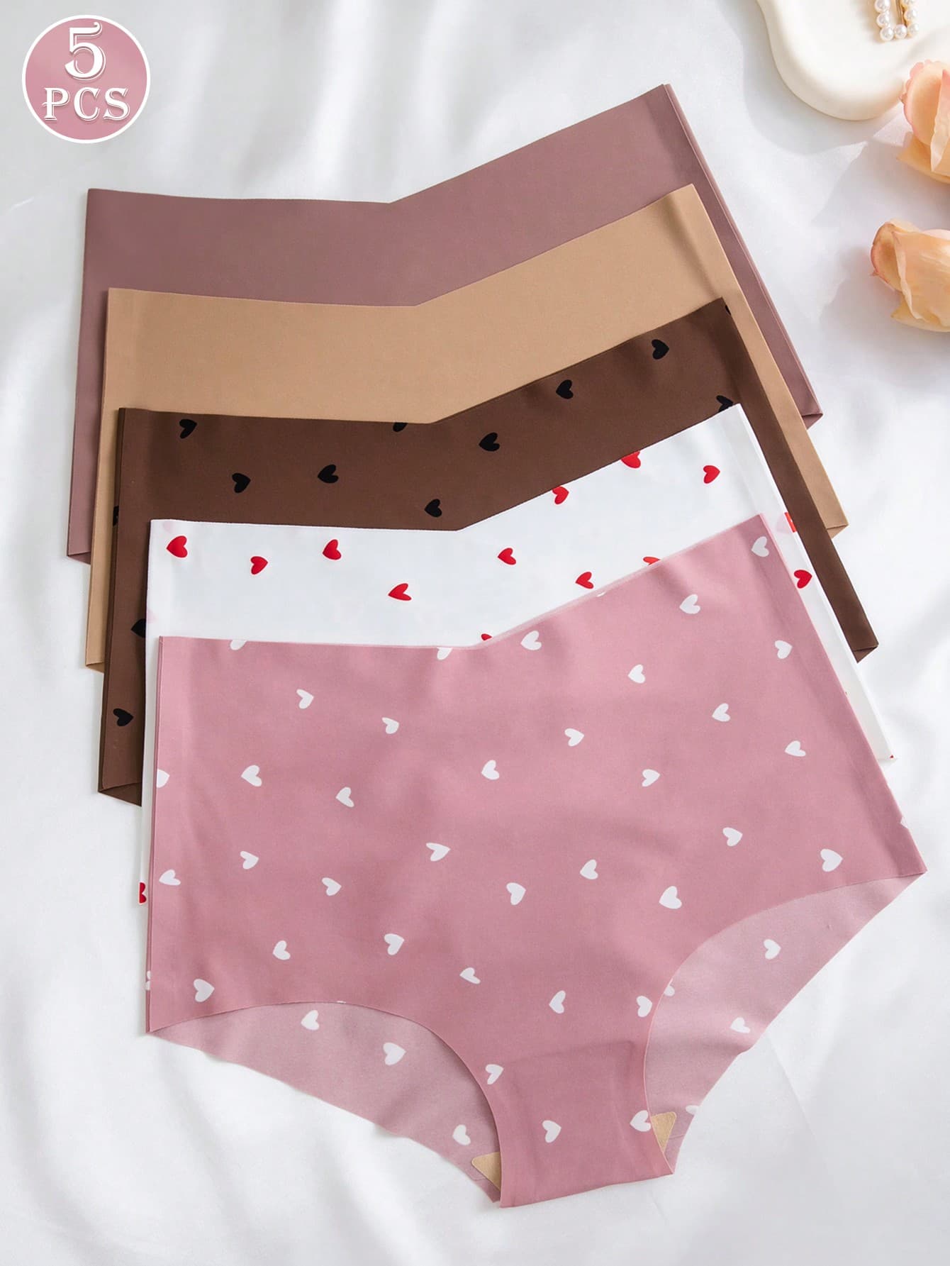 5pcs/Pack Women's Cute Heart Print Seamless Hipster Panties, Comfortable High Waist Briefs