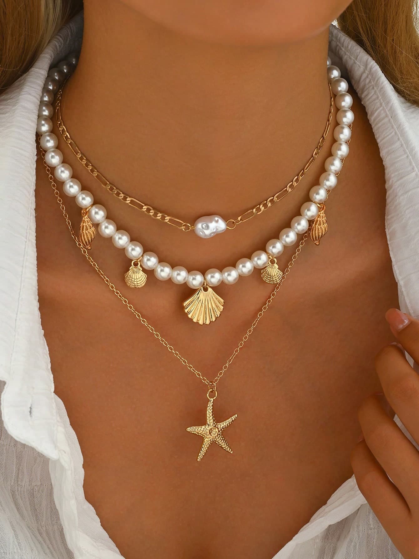 3pcs/Set Faux Pearl, Tassel, Metal Chain, Necklace Set - Ocean, Starfish, Beach Inspired Multilayer Design For Women, Suitable For Daily Wear
