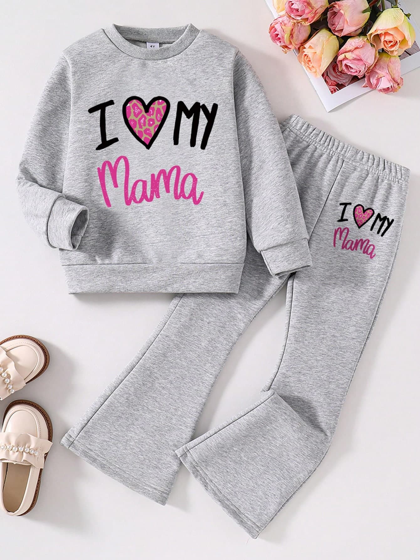 Toddler Letter Graphic Print Crew Neck Sweatshirt And Flared Pants Set