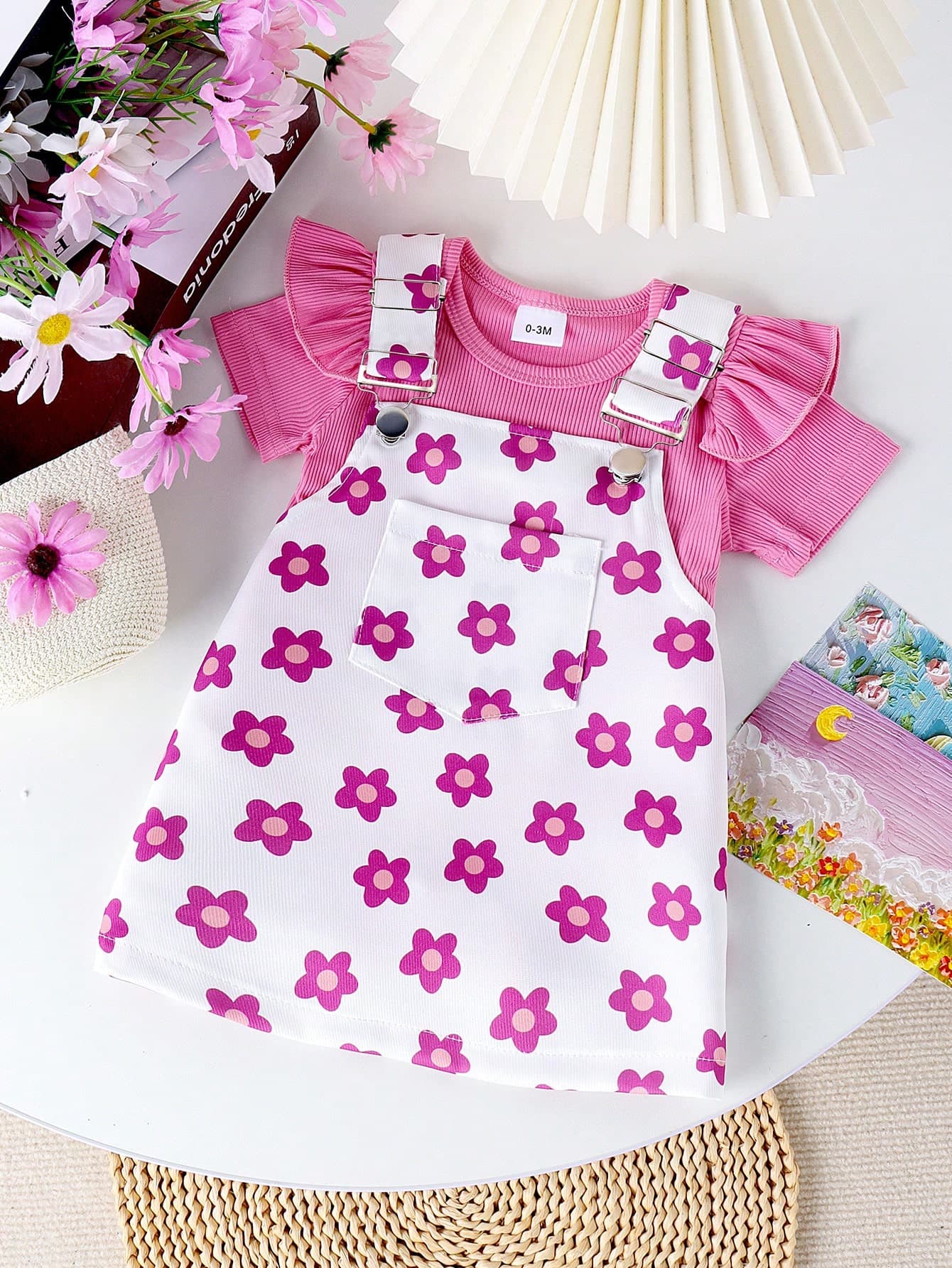 2pcs Baby Girls' Lovely Short Sleeve Bodysuit And Printed Overall Skirt Set For Summer
