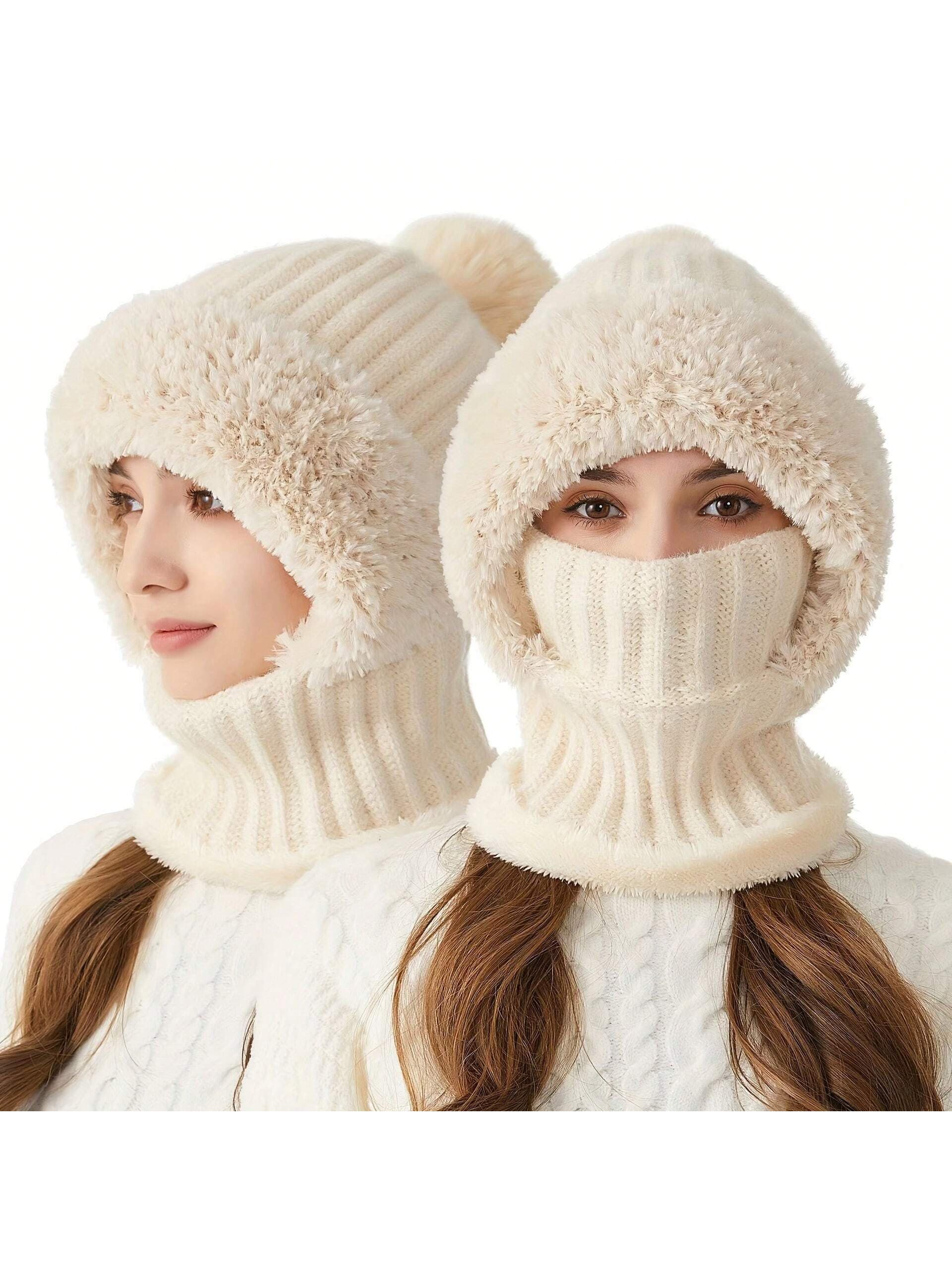 WarmthMax Knitted Beanie Hat - Windproof, Warm, Ear Protective, With Hood Neck Gaiter, Breathable, Moisture-Wicking, Essential For Outdoor Cycling, Suitable For Cold Weather, Halloween, Winter And Autumn